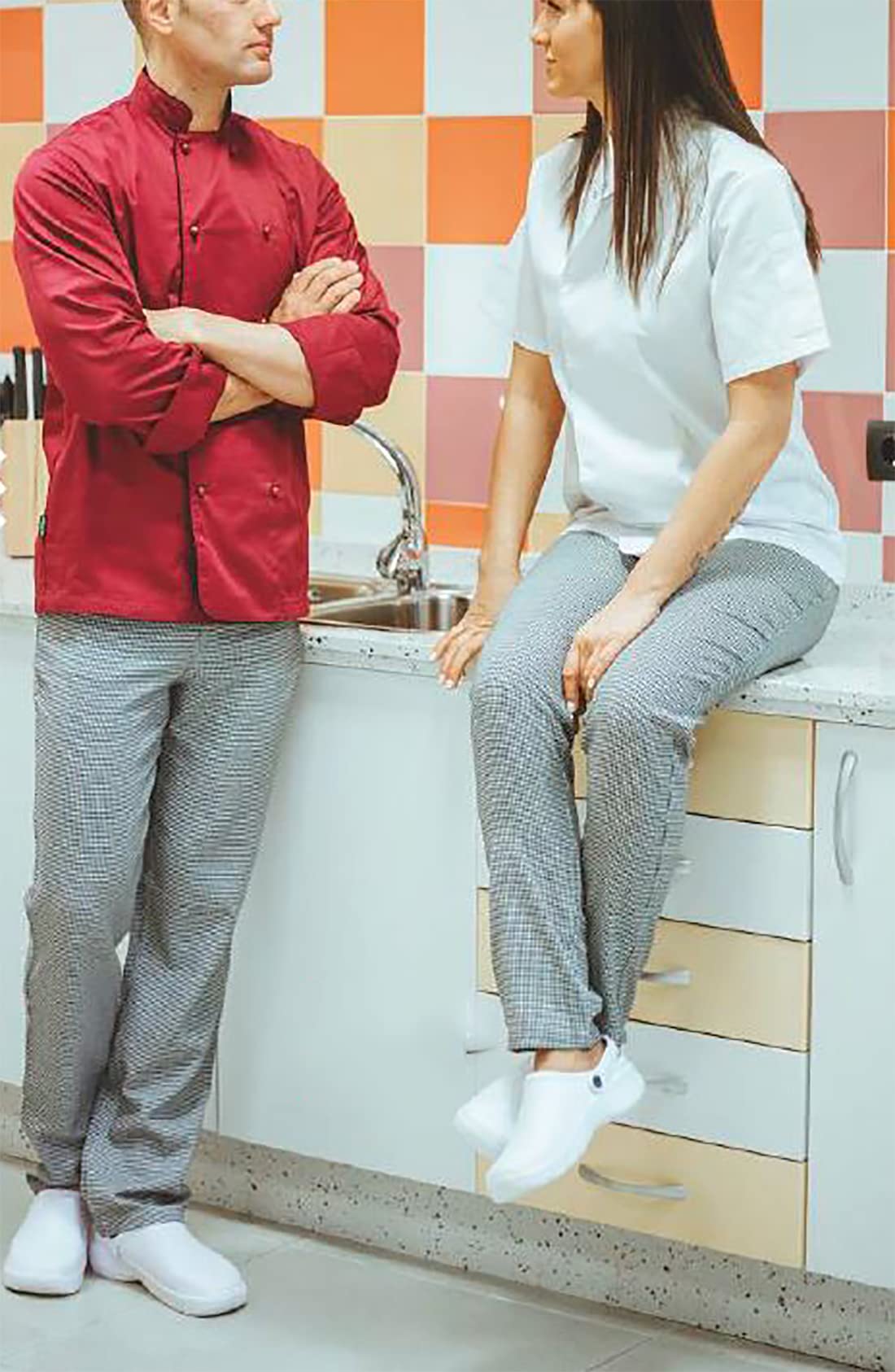 Work Team Pantalón Cocinero Unisex, Chef, Pata de Gallo clásico. Cintura elástica y cordón. Negro+Blanco M