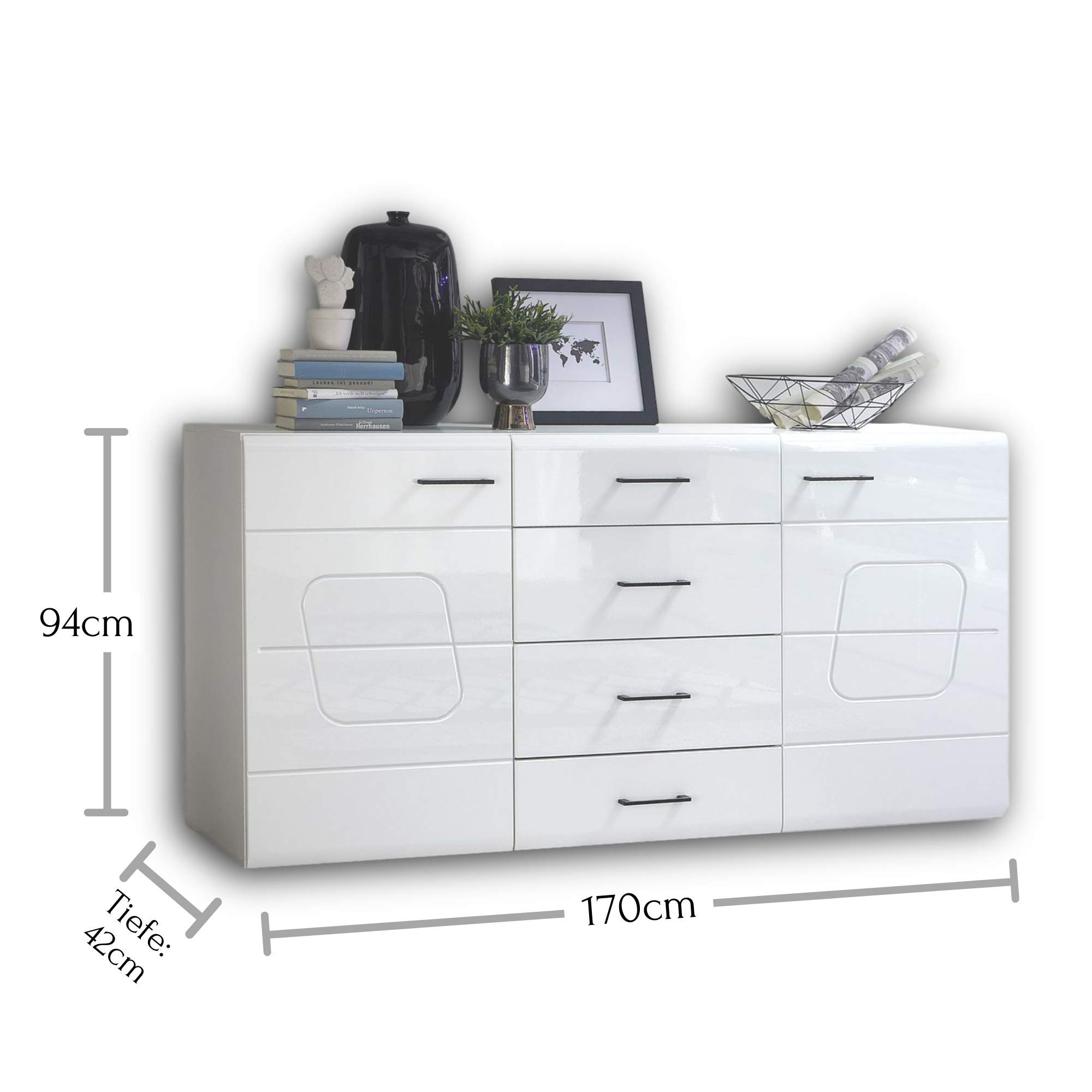 Stella Trading SPIRIT PLUS Sideboard in Hochglanz Weiß - Moderne Kommode mit viel Stauraum für Ihr Wohnzimmer - 170 x 94 x 42 cm (B/H/T)