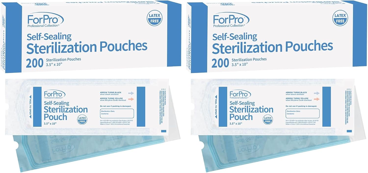 ForPro Professional Collection Self-Sealing Sterilization Pouches, Latex-Free, Color Changing Indicator, 3.5" W x 10" L, 200-Count (Pack of 2)