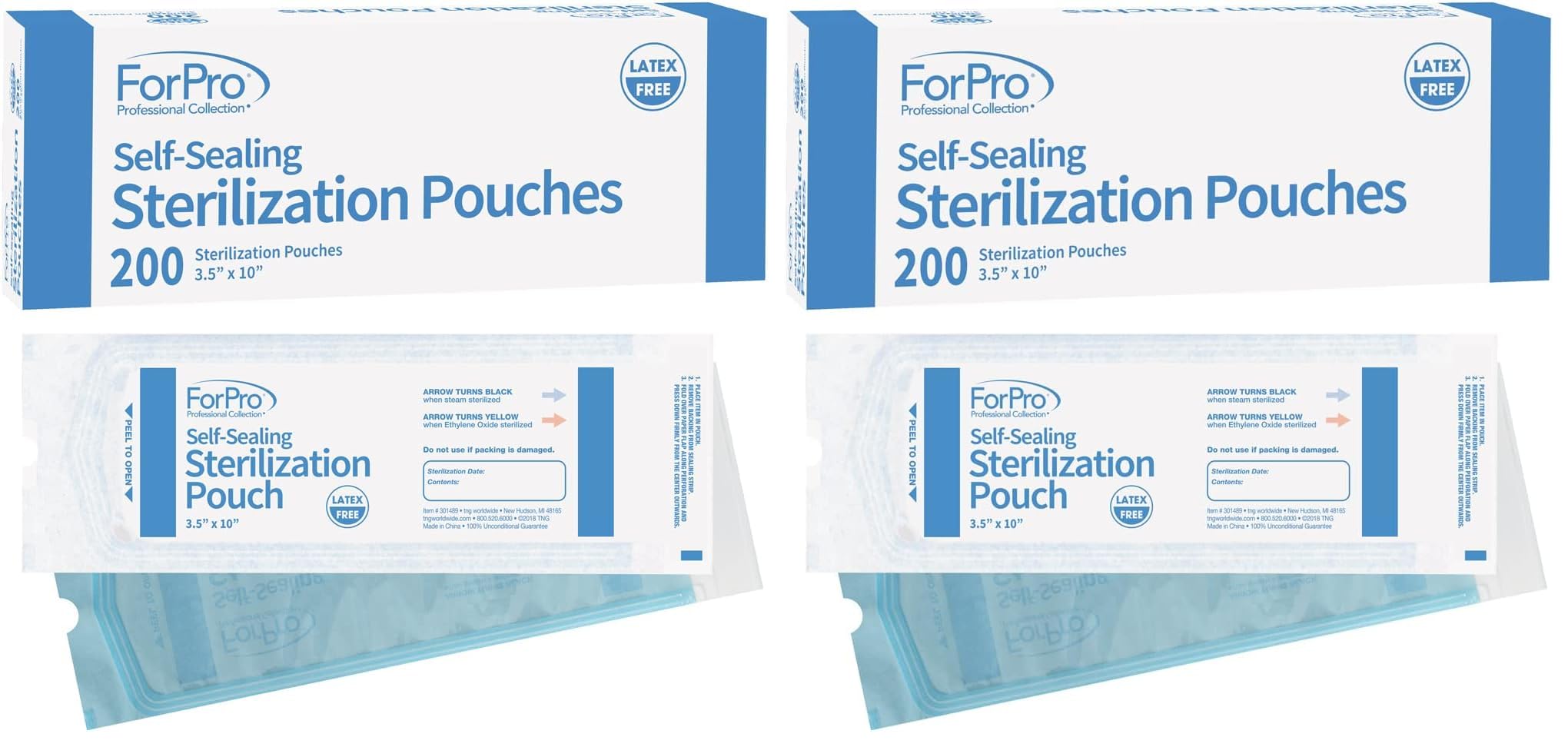 ForPro Professional Collection Self-Sealing Sterilization Pouches, Latex-Free, Color Changing Indicator, 3.5" W x 10" L, 200-Count (Pack of 2)