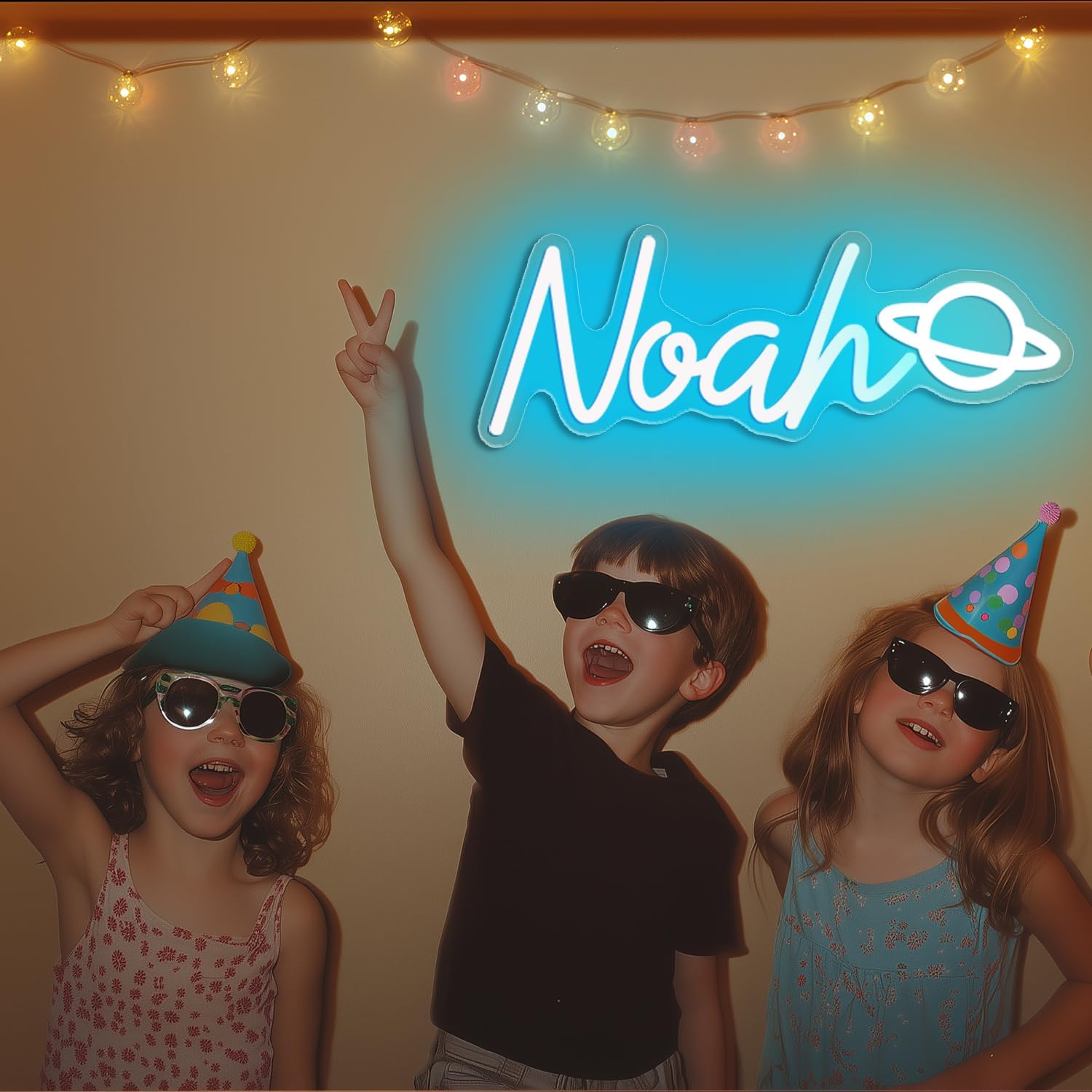 Noah Planet Name LED Neon Sign, Blue Name Decoration Dimmable Light for Bedroom, Kids Room, Living Room, Birthday Party Decoration, Neon Sign Gift, Birthday Name Decor for Boy, Size 14 * 5.4inches