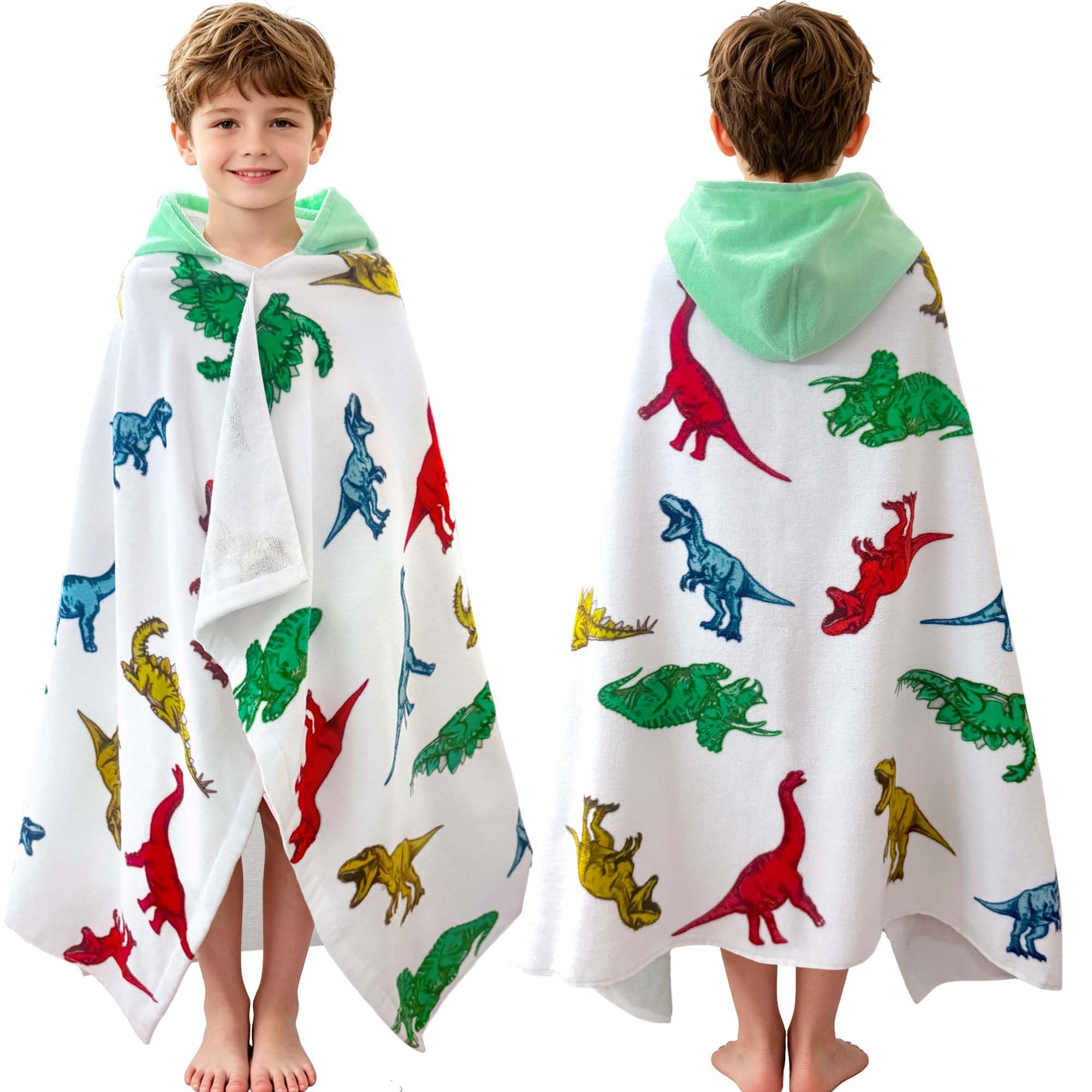 VOOVA & MOVAS Dino Kids Pool Towel(3-8 Years),100% Cotton,Absorbent & Soft | 50"x30", Beach Pool Bath Towel,Skin-Friendly & Thick,Wearable Towel,Gift for Kids,Machine Washable Durable,Chemical-Free Dino Print 50.00''x30.00''(3-8 Years)