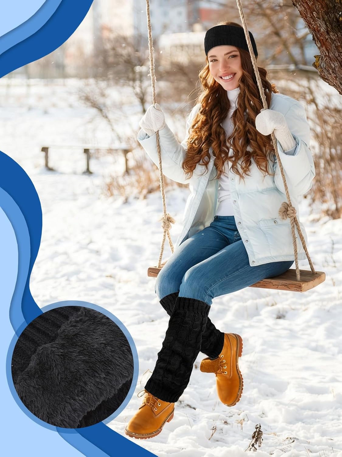 2 Pack Winter Fleece Lined Leg Warmers and Twisted Headband Set, Knit Long Leg Warm Boot Sock for Women Skating - Image 2