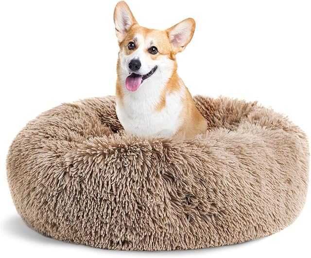 QOFLY Legowisko dla psa, puszyste legowisko dla kota, 40 cm, brązowe, donut poduszka Waschba, długie pluszowe legowiska dla psa, okrągła poduszka dla małych zwierząt domowych, psów, kotów