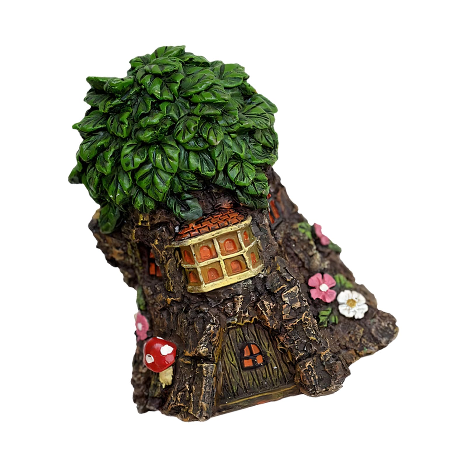 Fairy Tree House Figurine Desk or Shelf Decor, Resin Accent with Storybook Window, Door and Mushroom for Small Scene Display Fairy House Figurine Resin Cottage Ornament Desktop Display Accent