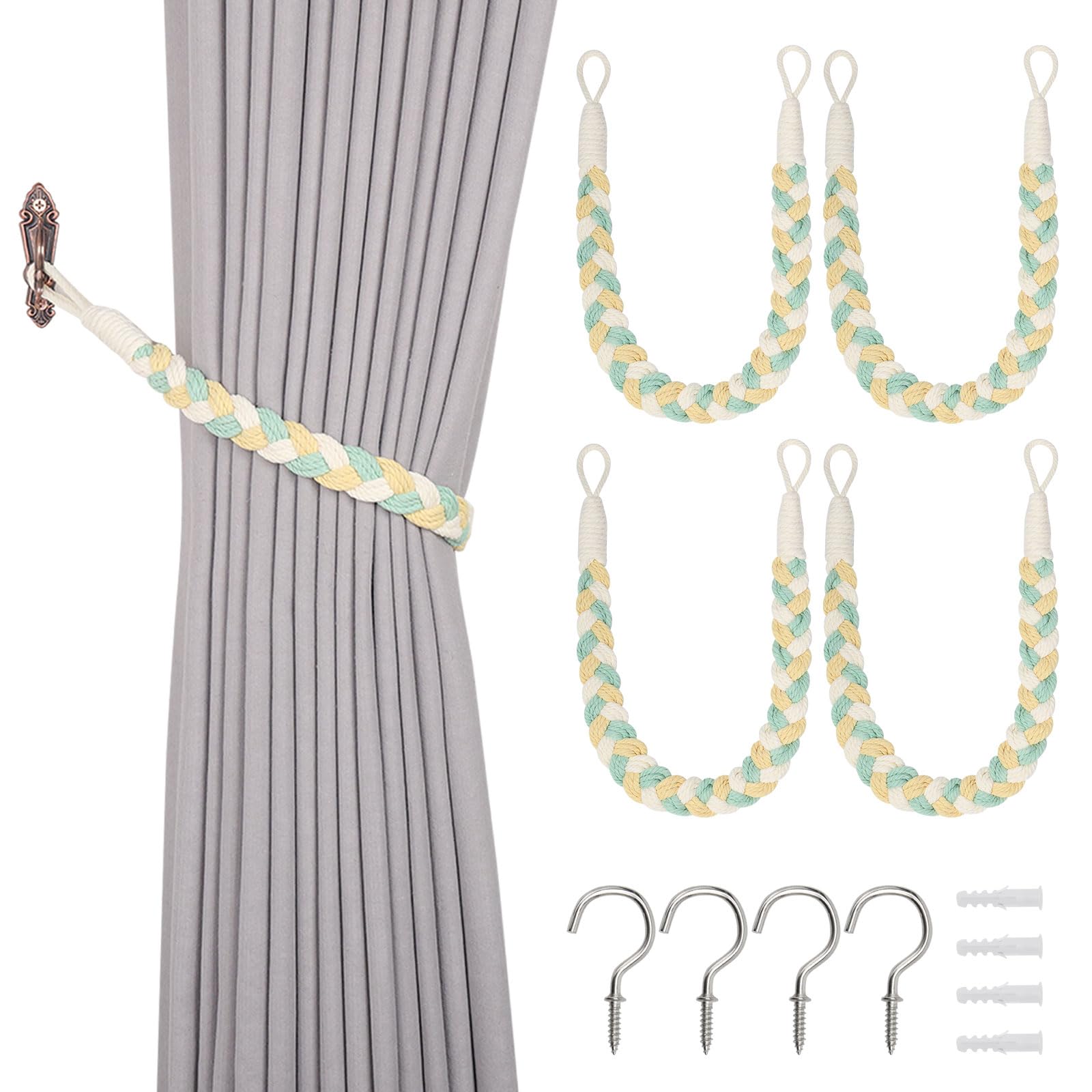 Pretty Jolly 4 Pack Natural Cotton Rope Curtain Tiebacks Elegant Boho Style Decorative Drape Tie Backs Soft Hand-Woven Rope Curtain Holdbacks with Metal Hook for Home & Office Drapery (Yellow & Green)