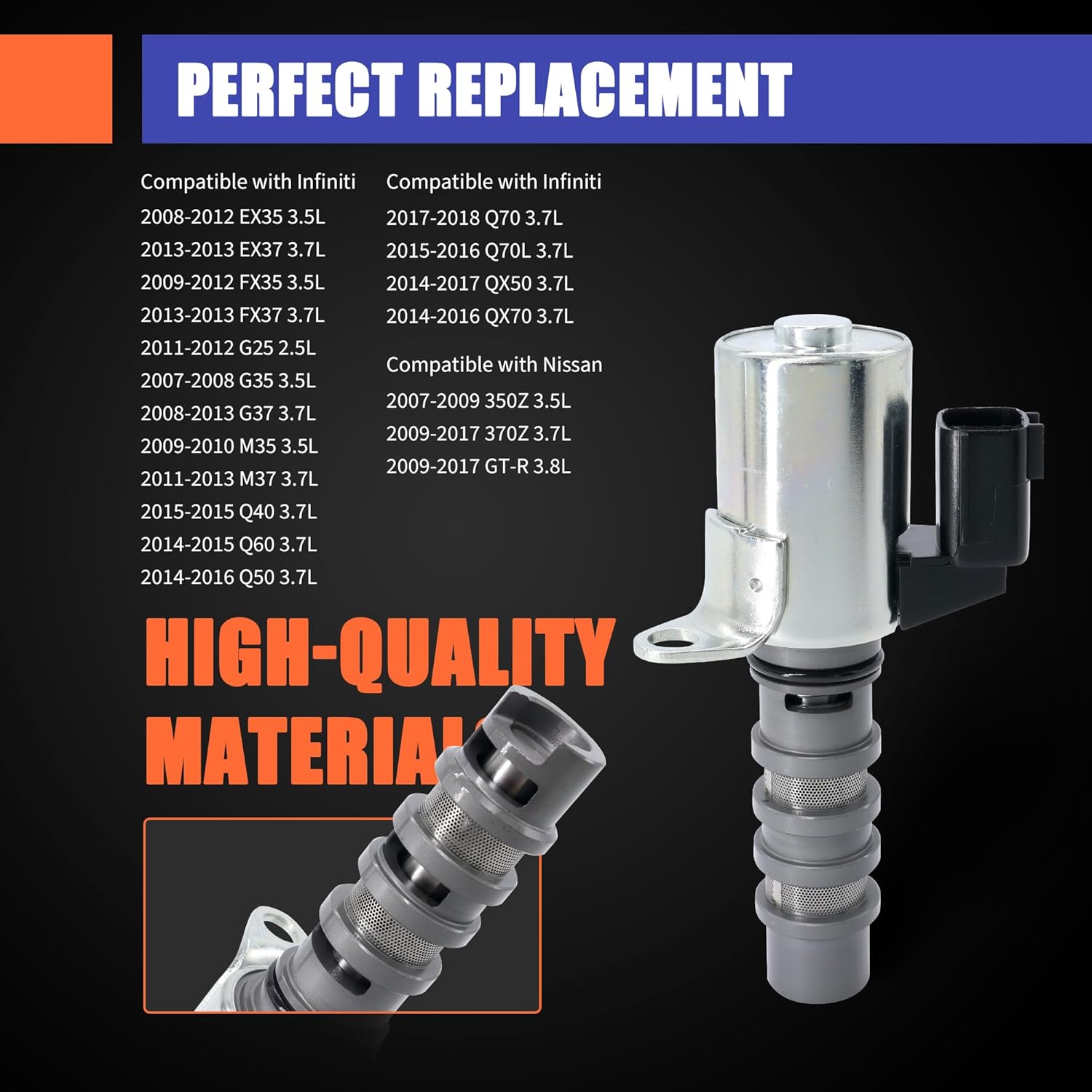 HiSport Engine Variable Valve Timing VVT Solenoid 916-923 Compatible with Infiniti Q50, G25, G35, QX50, Q60, G37, M35, M37, QX70, Q70, Q70L, FX35, FX37, Q40, EX35, EX37 & Nissan 370Z, GT-R, 350Z