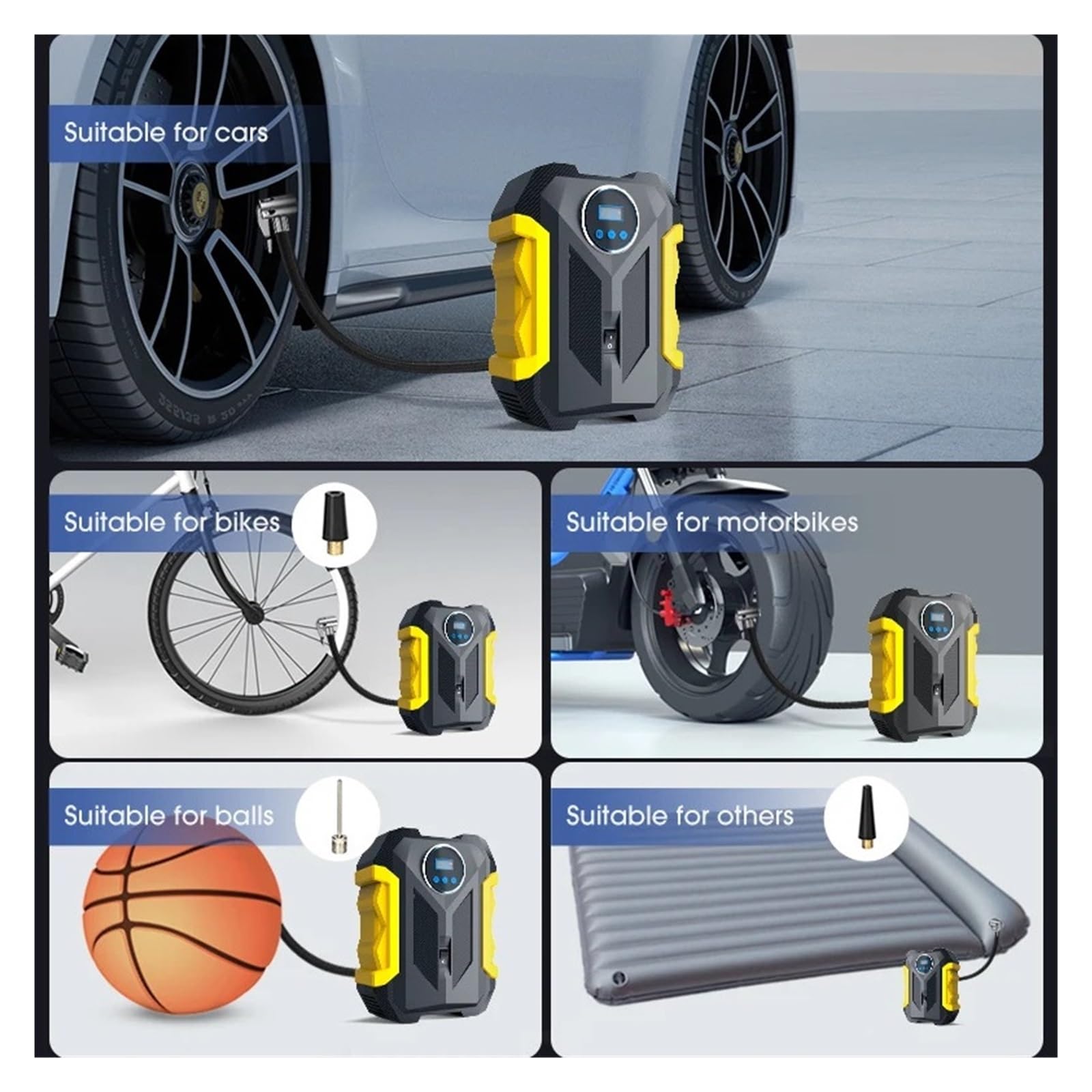Przenośna Samochodowa Sprężarka Powietrza Cyfrowa Pompka Do Pompowania Opon Lampa LED Pompa Kompresyjna Kompresor Motocykli Samochodowych Natychmiastowa Inflacja(Yellow)