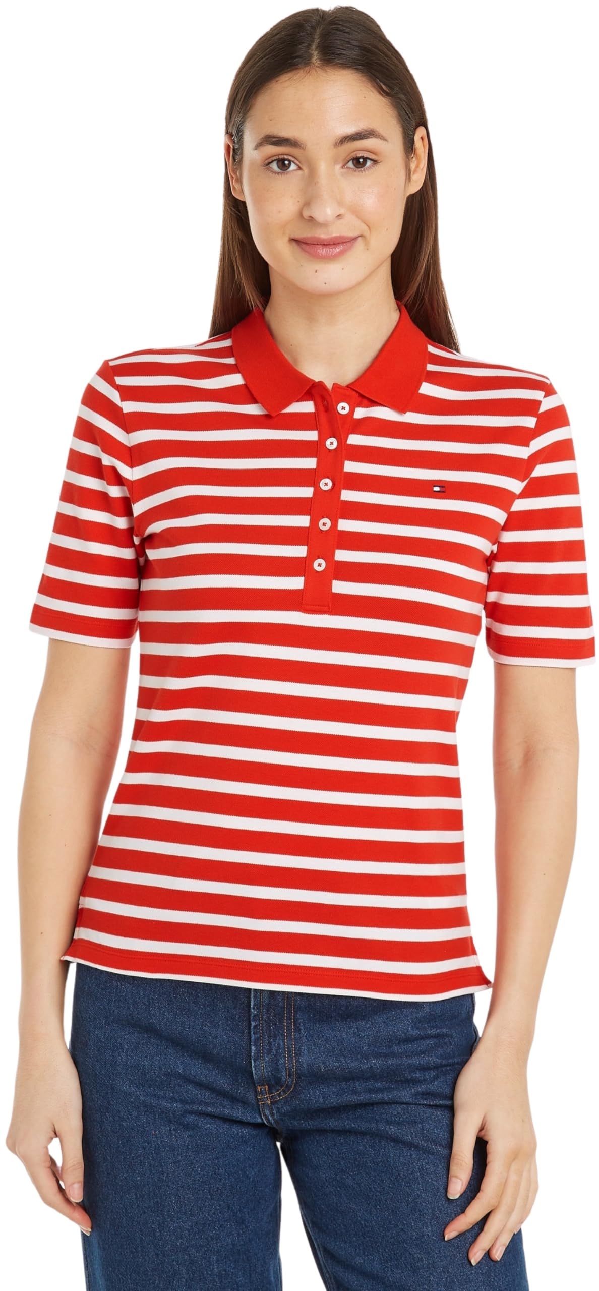 Tommy Hilfiger Polo de Manga Corta para Mujer 1985 Pique Stripe Regular Fit