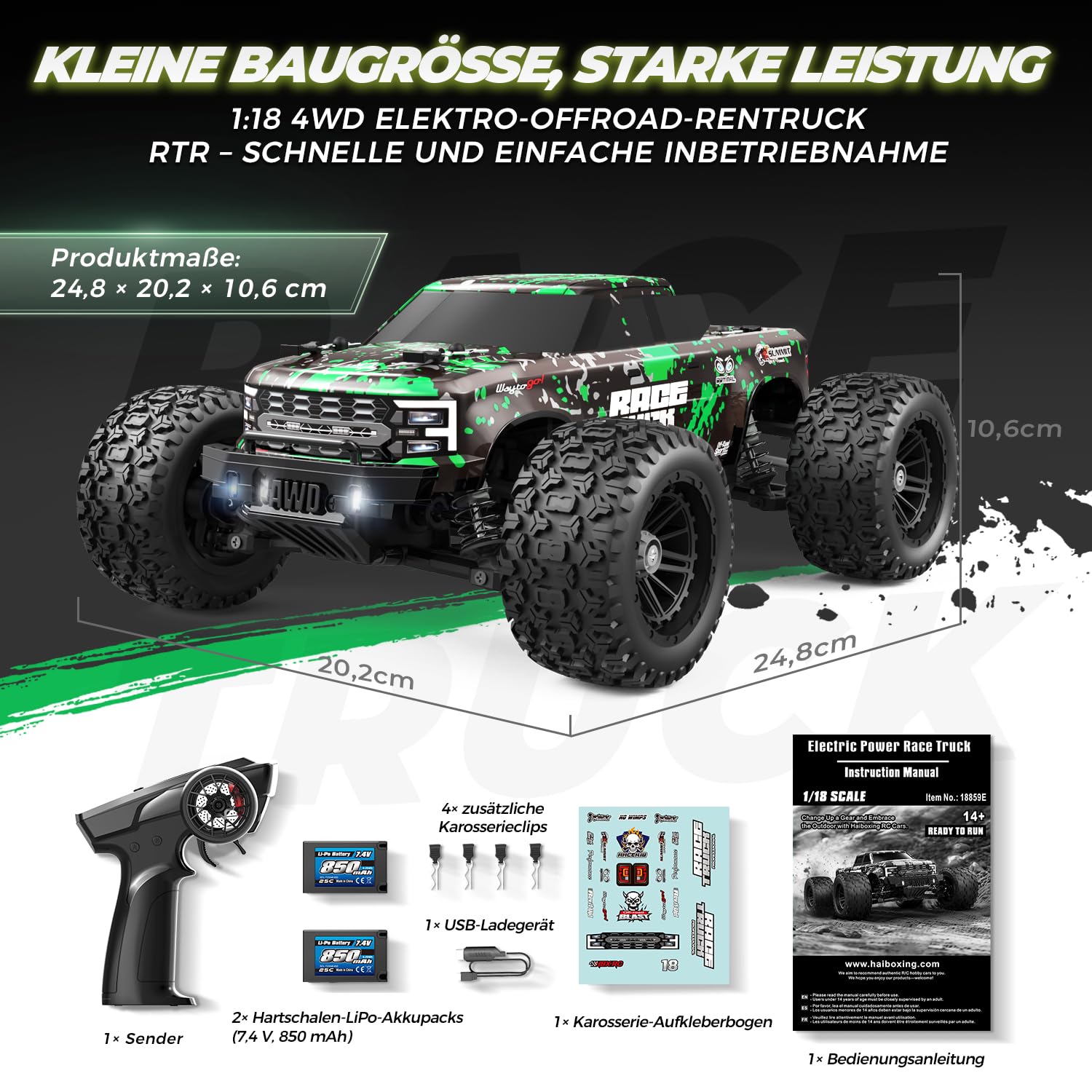 HAIBOXING 18859E 1:18 Ferngesteuertes Auto 4WD Offroad Monstertruck, 36 km/h Hochgeschwindigkeits RC Auto, wasserdicht, mit 2 Akkus – Spielzeug Geschenk für Kinder und Erwachsene
