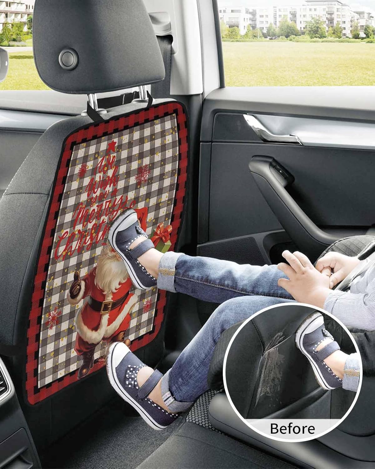 Car Seat Protector, 2 Pack Kick Mats Back Seat Protector Merry Christmas Santa with Gift Black and Red Buffalo Plaid Waterproof Backseat Cover for Kids Universal Fit Automotive Interior Protectors