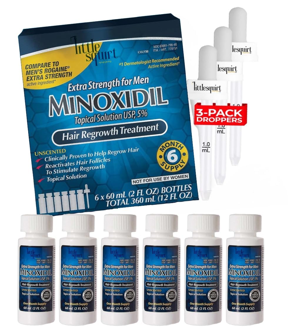 Minoxidil for Men Hair Regrowth Treatment 5 Extra Strength 2 fl oz 6-Month Supply with 3 Droppers