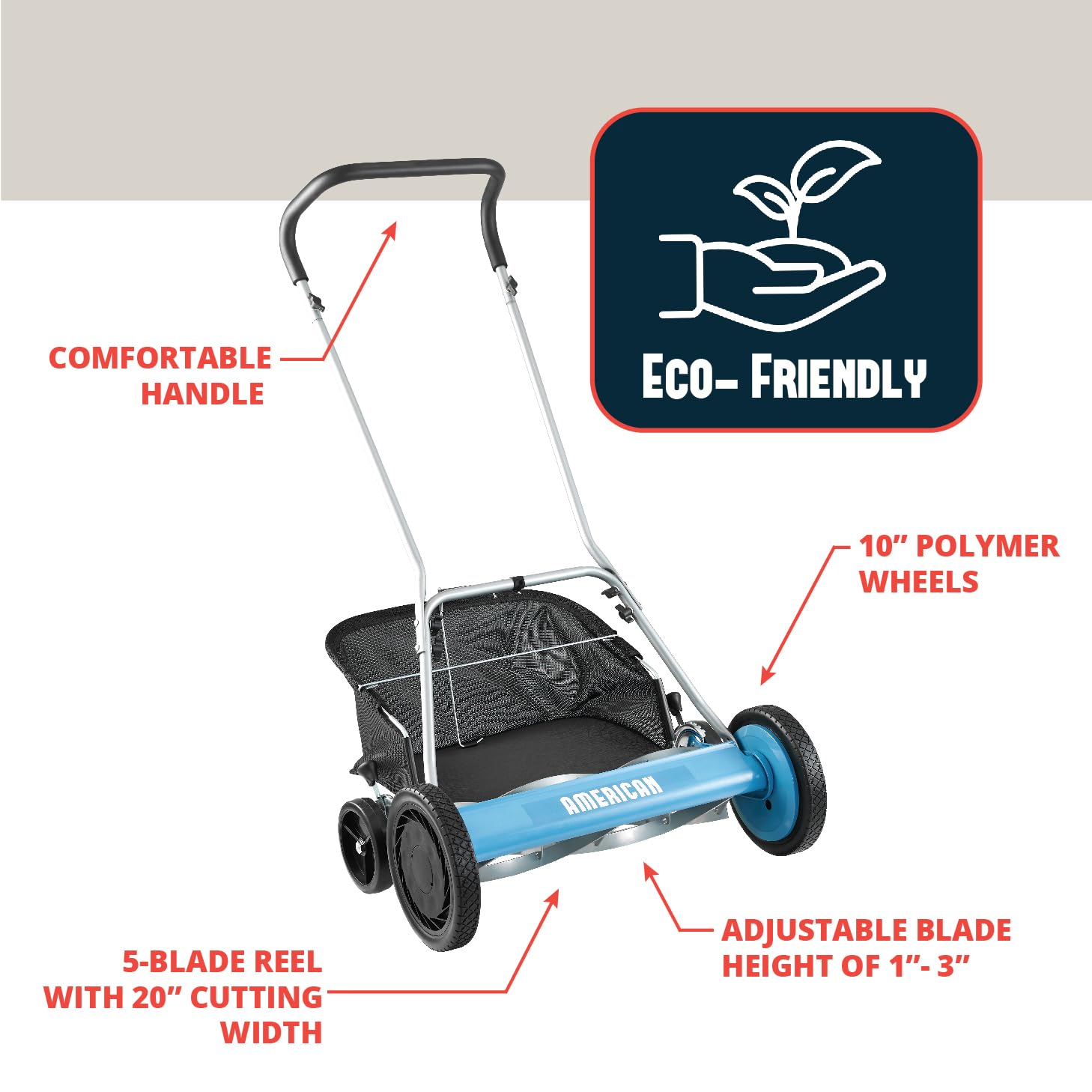 American Lawn Mower Company Cortacésped de Carrete de 5 Cuchillas de 50.8 cm con recogedor de césped