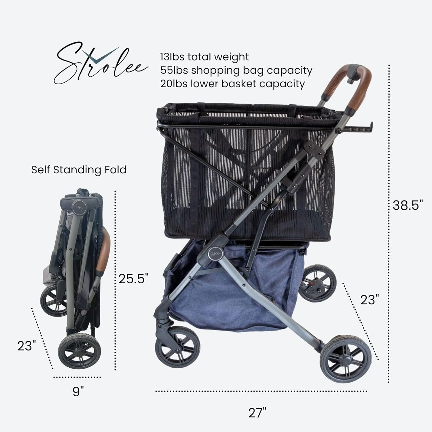 Strolee Stability Shopping Cart On Premium Wheels – Lightweight Aluminum Frame – Removable Shopping Bag with Carry Strap & Lower Grocery Storage 75Lbs Storage Capacity (Black)