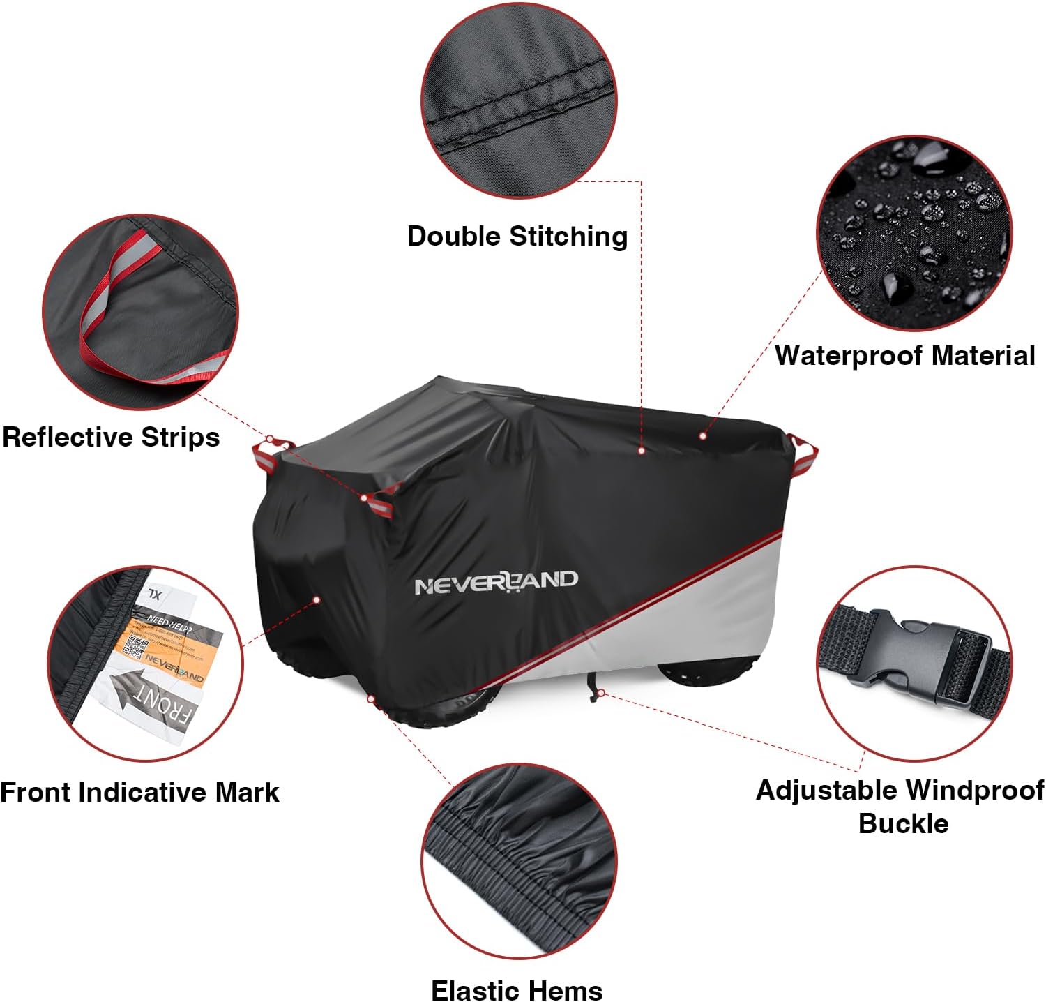 NEVERLAND Waterproof ATV Cover, Outdoor Heavy Duty Quad Cover Tear-Resistant 4 Wheeler Covers All Weather UV Protection for Polaris Sportsman Yamaha Honda Quad Bike (Black & Silver, XL)