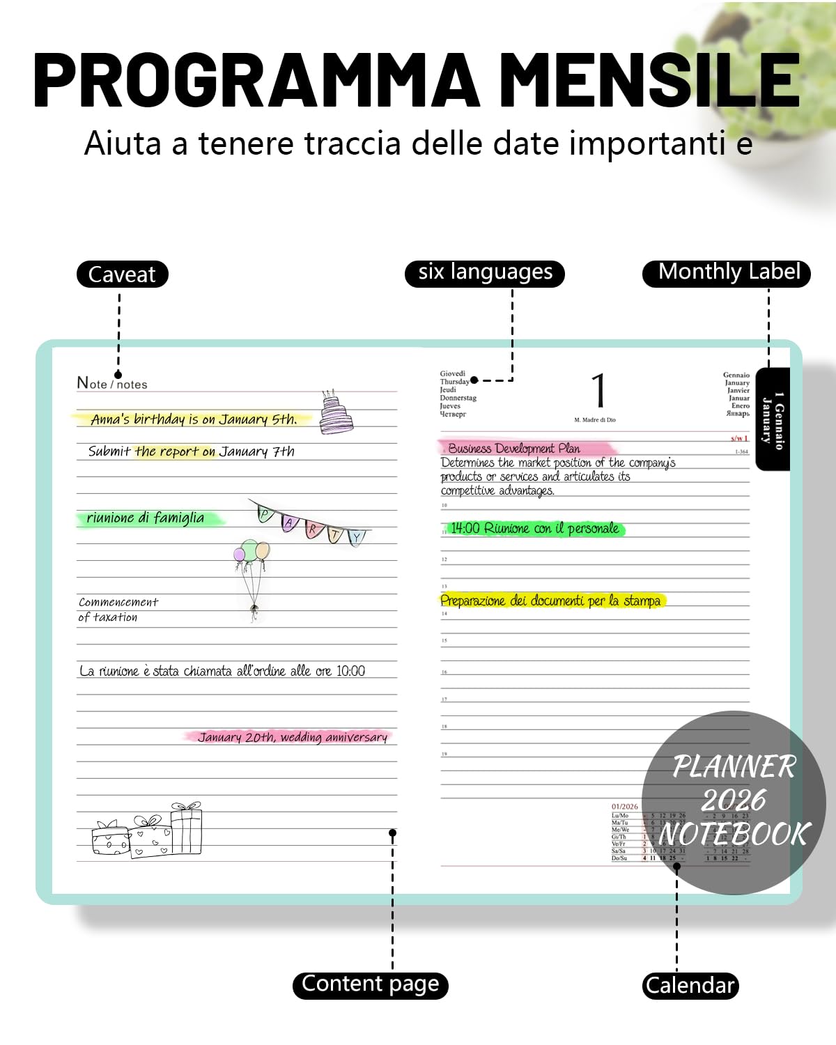 400 Pagine HW CASA Agenda 2026 Giornaliera A5,Festività (DE/IT/ES/EN/FR), Passante e Portapenna | Festività (DE/IT/ES/EN/FR), Riepiloghi Mensili | Gennaio-Dicembre