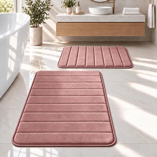 Coral Pink Bathroom Rugs Set 2 Piece Memory Foam