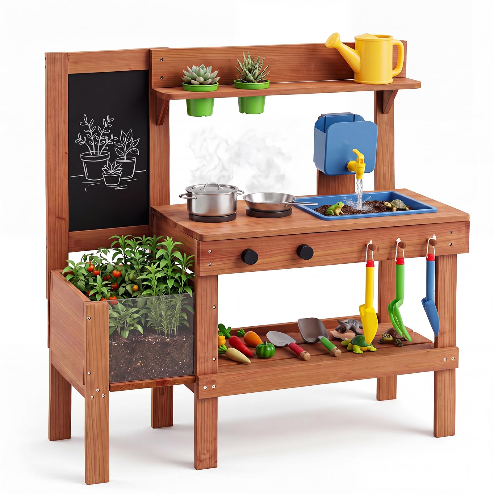COSTWAY Matschküche Kinder Outdoor, Spielküche mit Wassertank & Wasserhahn | Kinderküche mit Spüle, Pflanzkasten & Tafel, Gartenspielzeug & Kochzubehör, Gartenspielküche für Kinder ab 3 Jahren