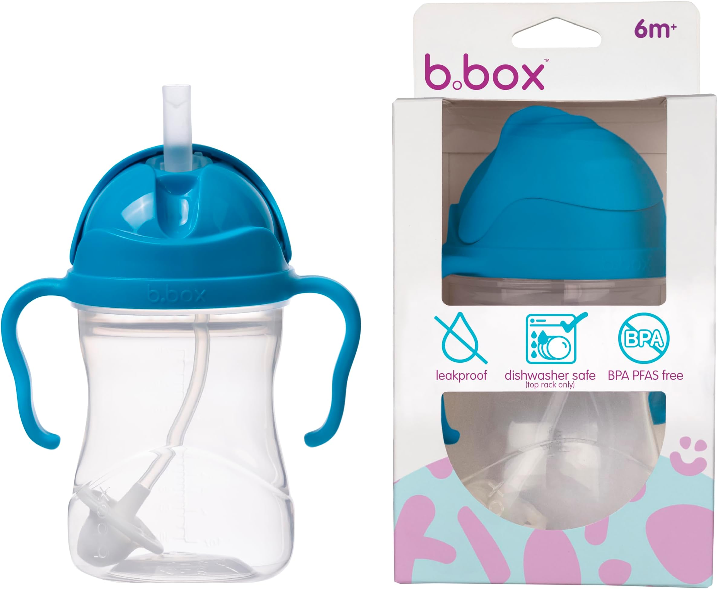 b.box Sippy Cup with Innovative Continuous Flow Weighted Straw Cup, Baby Straw Cup, Drink from any Angle, Easy-Grip Handles, 8oz, 6 months+, Cobalt