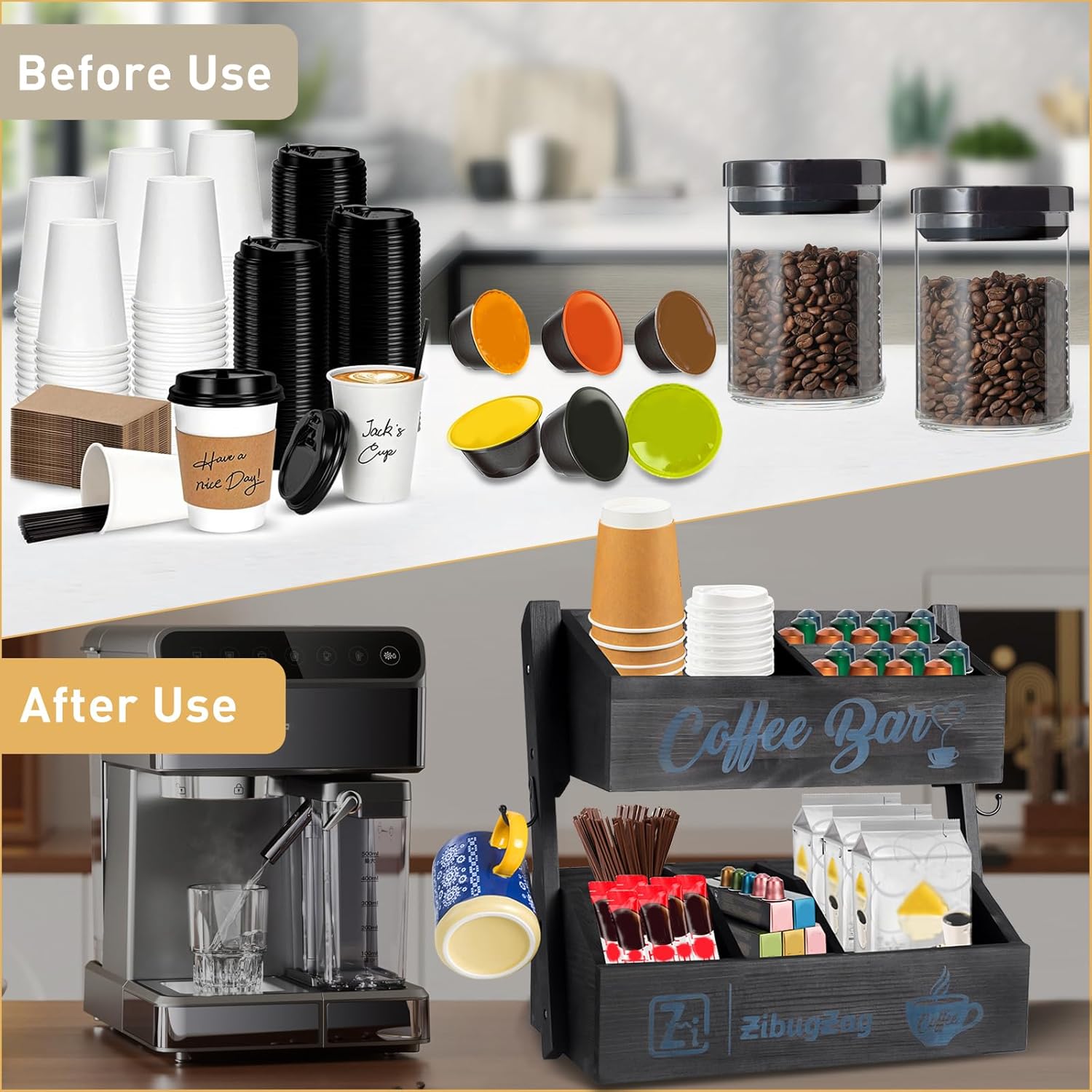 2-Tier Coffee Bar Organizer for Countertop, Wooden coffee station organizer and Bar Accessories, Coffee Pod & K-Cup Holder, Tea Condiment Storage Rack with Mug Hooks for Home & Office