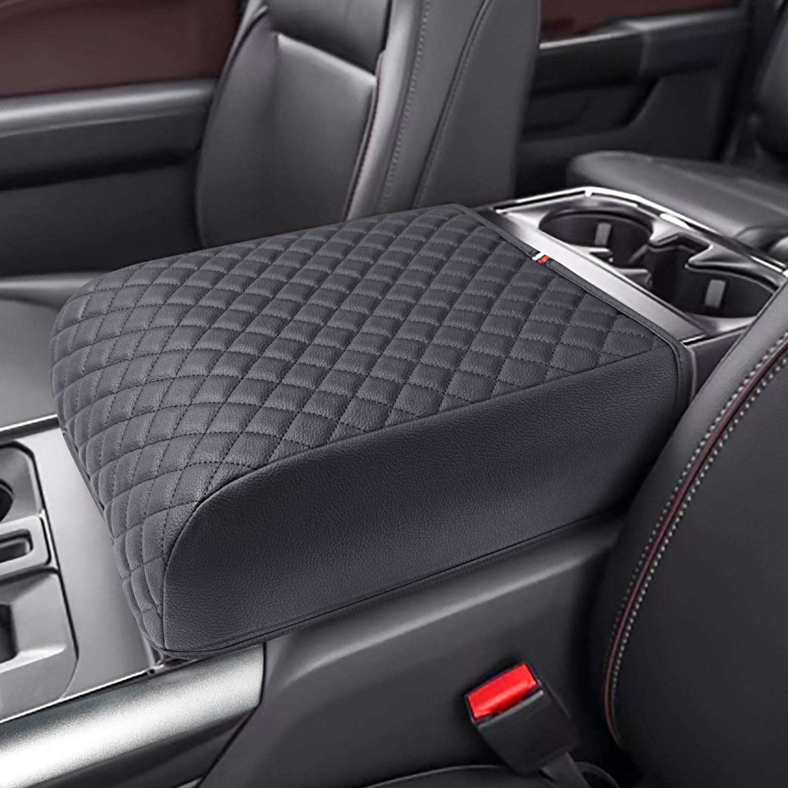 PIMCAR Center Console Cover for 2021-2025 2026 Ford F150 PU Leather Armrest Cushion Protector Interior Accessories (Only fit for Full Bucket Seat)
