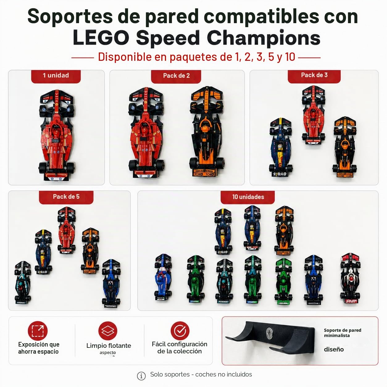 10 ganchos de montaje en pared compatibles con Lego F1 Speed Champions Cars - Kit de soporte de exhibición para modelos Lego Fórmula 1