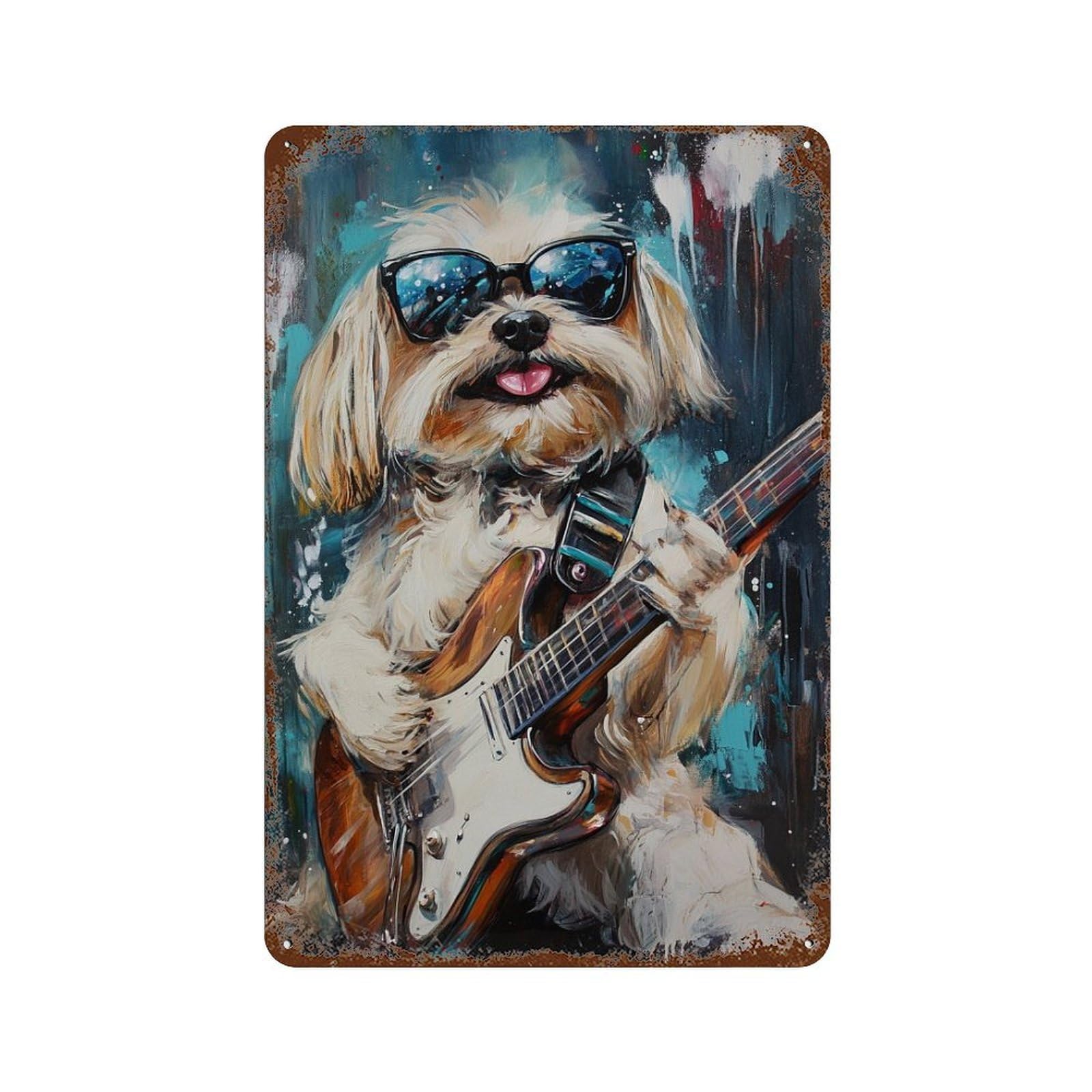 Rock Star Pup Cool Dog Playing Guitar 11.8"x7.9" Retro Metal Sign, Shabby Chic Decor for Garage, Bar And Workshop Decor