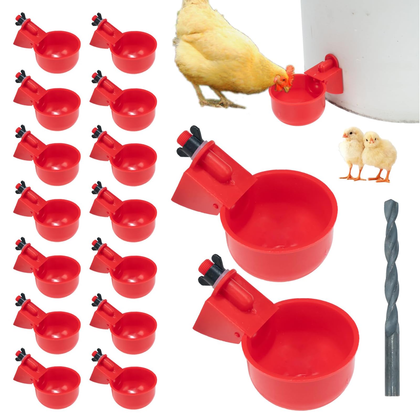Juego de 16 Bebederos Automáticos para Gallinas con Taladro, Bebedero para Aves de Corral, Dispensador de Agua para Gallinas, Patos, Gansos
