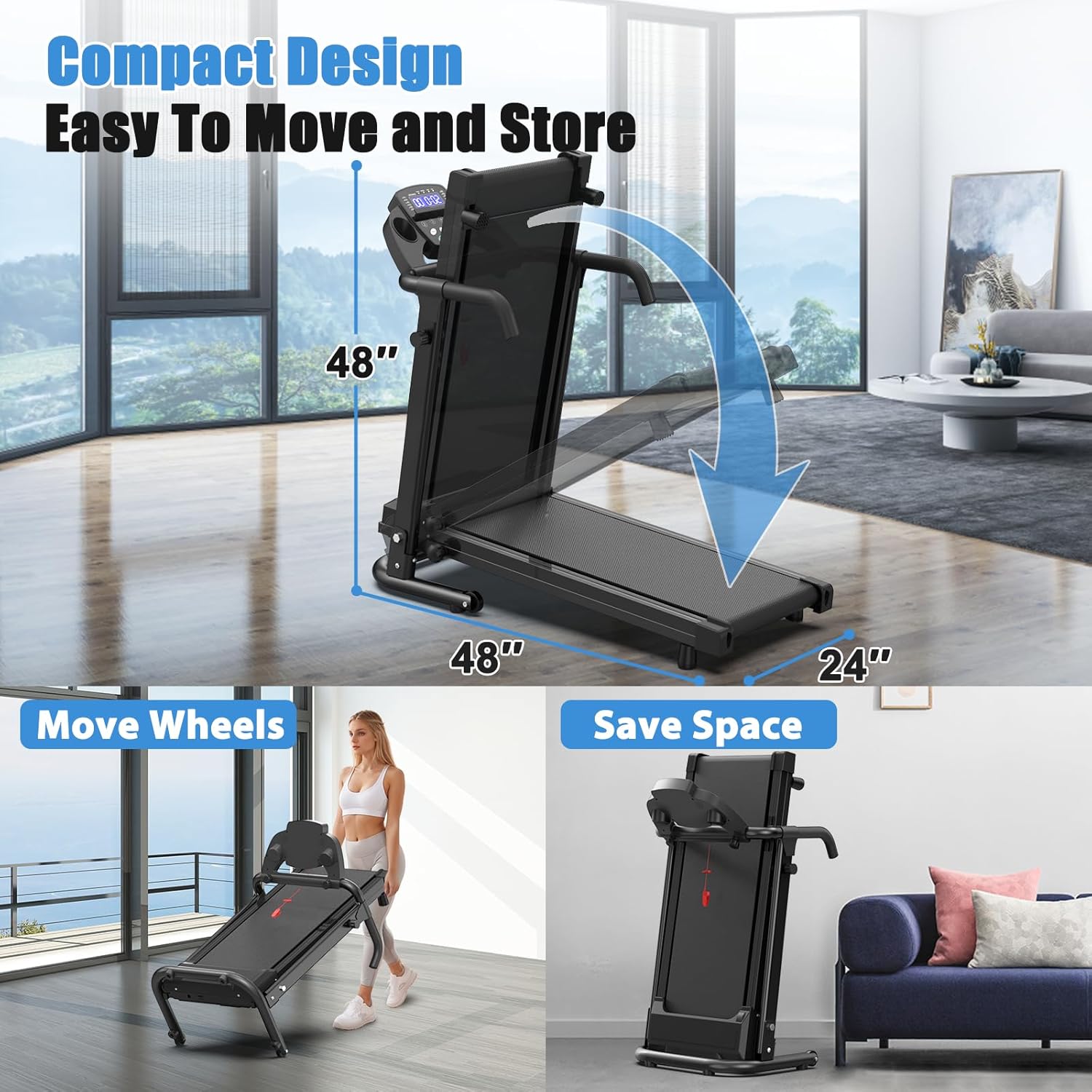 Foldable Treadmill for Home, Portable Treadmill with Handles, APP Control & LED Display - Folding Walking Pad for Fitness