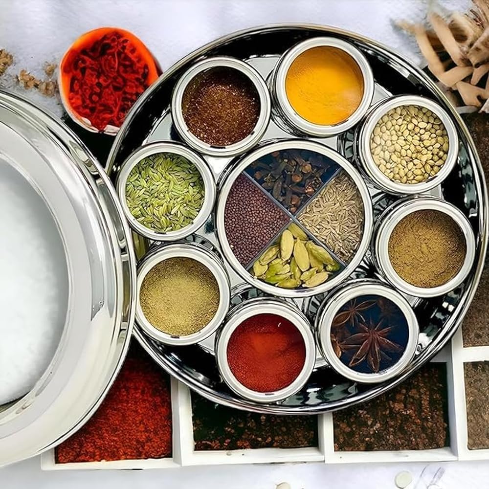 AIRA 12 In 1 Stainless Steel Spice Box For Kitchen | Masala Box | Masala Container With Partition |Masala Dani With Individual See Through Lid 4 Spoons | Silver (2.5 Ltr X-Large 22.5Cm) (B0CJFNPWS3) Amazon Price History, Amazon Price Tracker