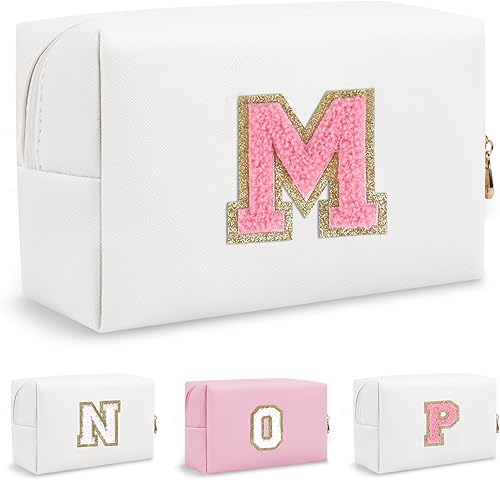 Biileen Bolsa de maquillaje preppy inicial personalizada Pequeña bolsa de carta de chenilla de viaje linda, blanco-1