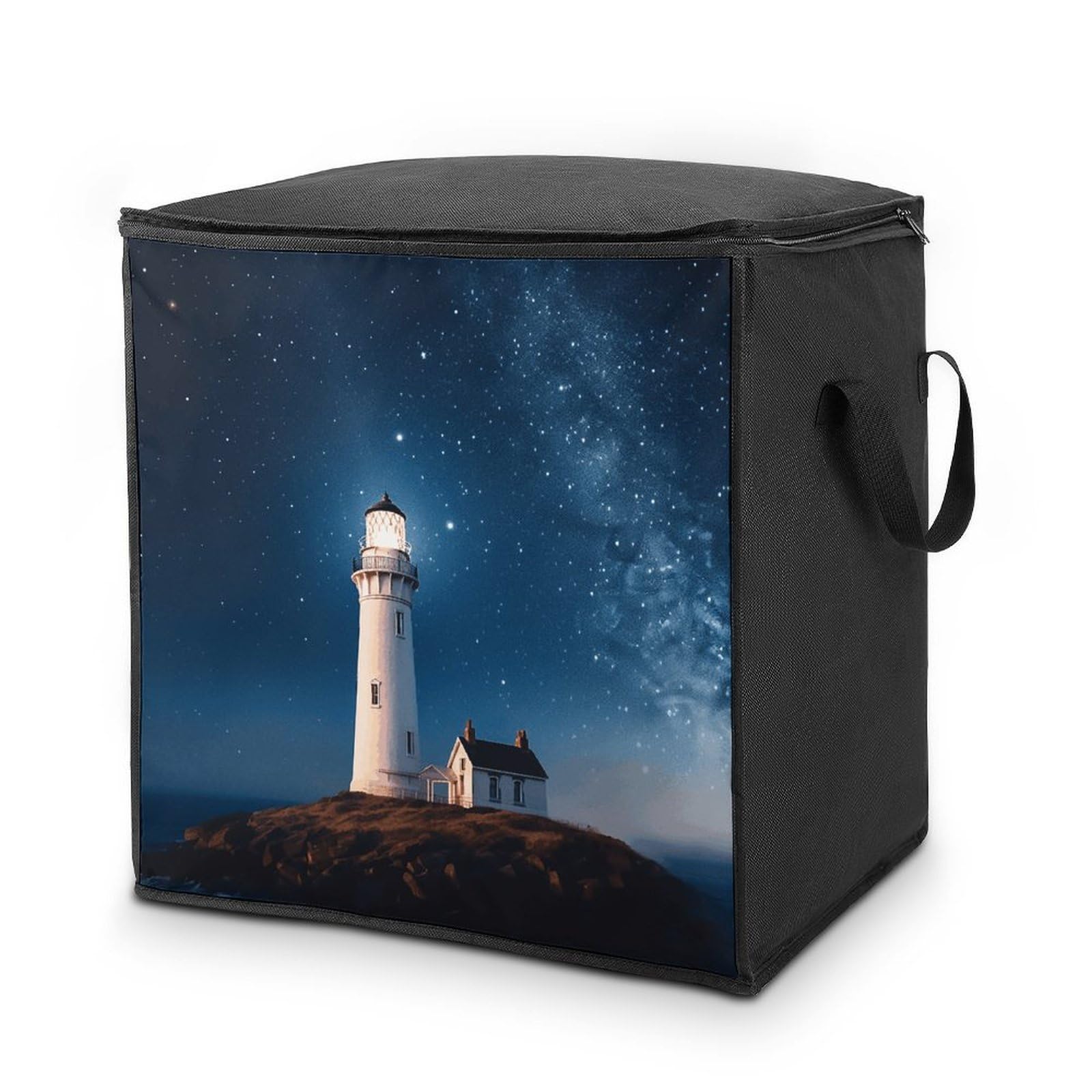 70L Lighthouse Under Starry Night Sky Storage Bag With Zipper Closet Organizers with Handle for Home Storage Organizer for Blankets Quilts Clothes Comforter Bedding And Pillows