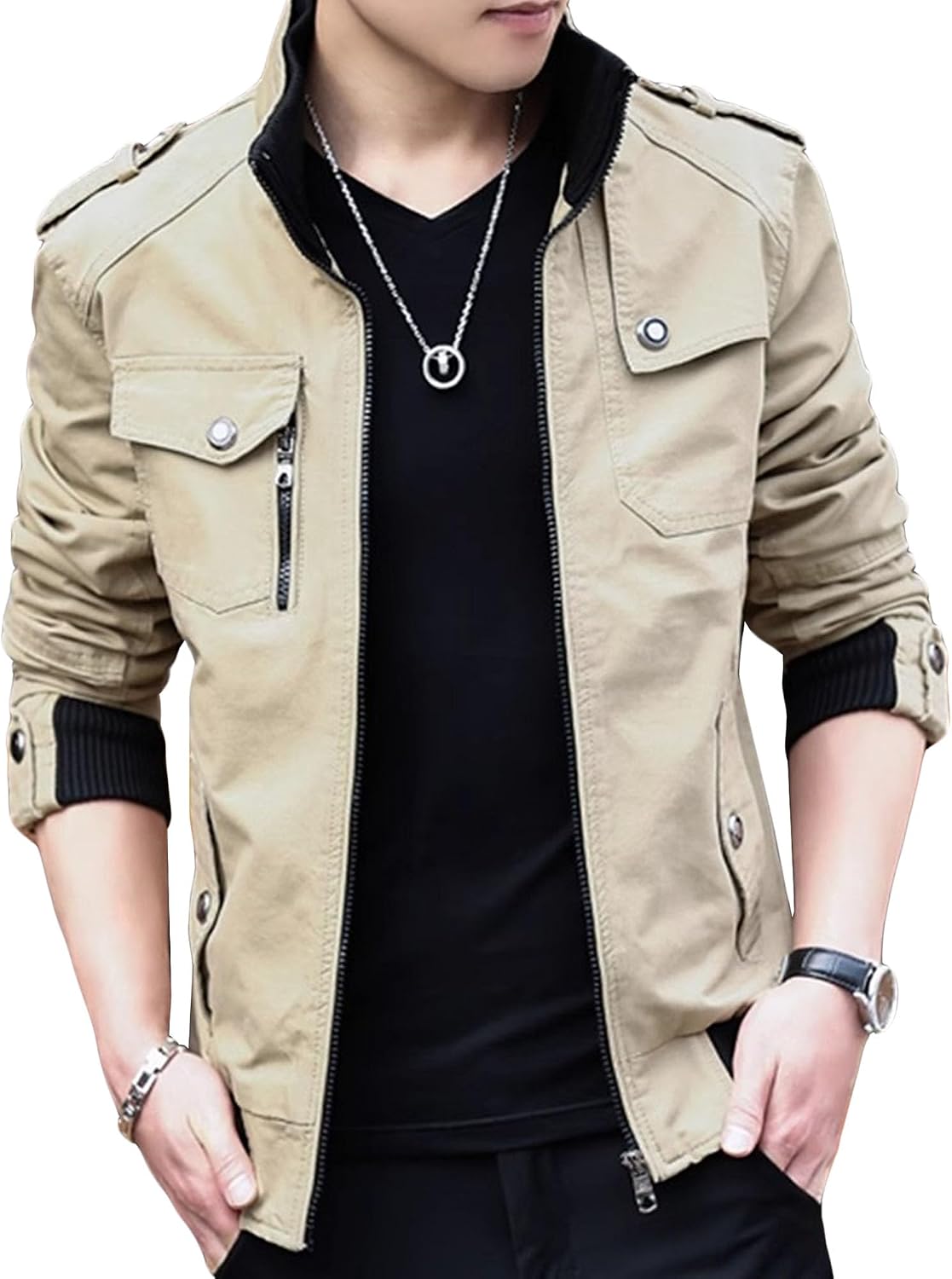 Maiyifu-GJ Men's Cotton Casual Denim Jackets Stand Collar Slim Zipper Jean Jacket Lightweight Fashion Trucker Coat
