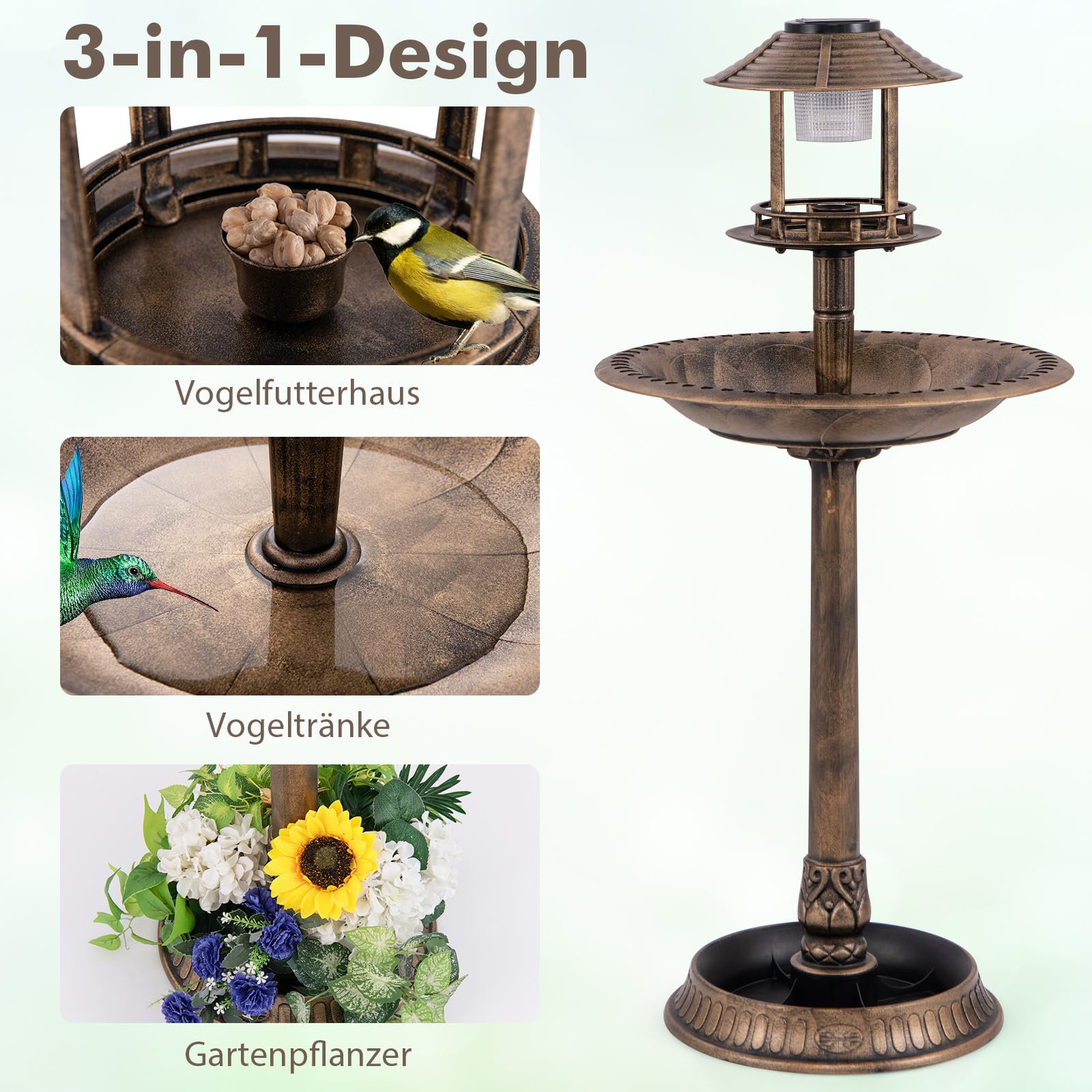 GOPLUS Vogeltränke stehend, Vogelbad Retro mit Solarlicht, Vogelbrunnen Winterfest mit Blumenpflanzer, Garten Tränke Bad für Wildvögel, Wassertränke für Vögel, Bird Bath für Outdoor (Antik-Bronze)