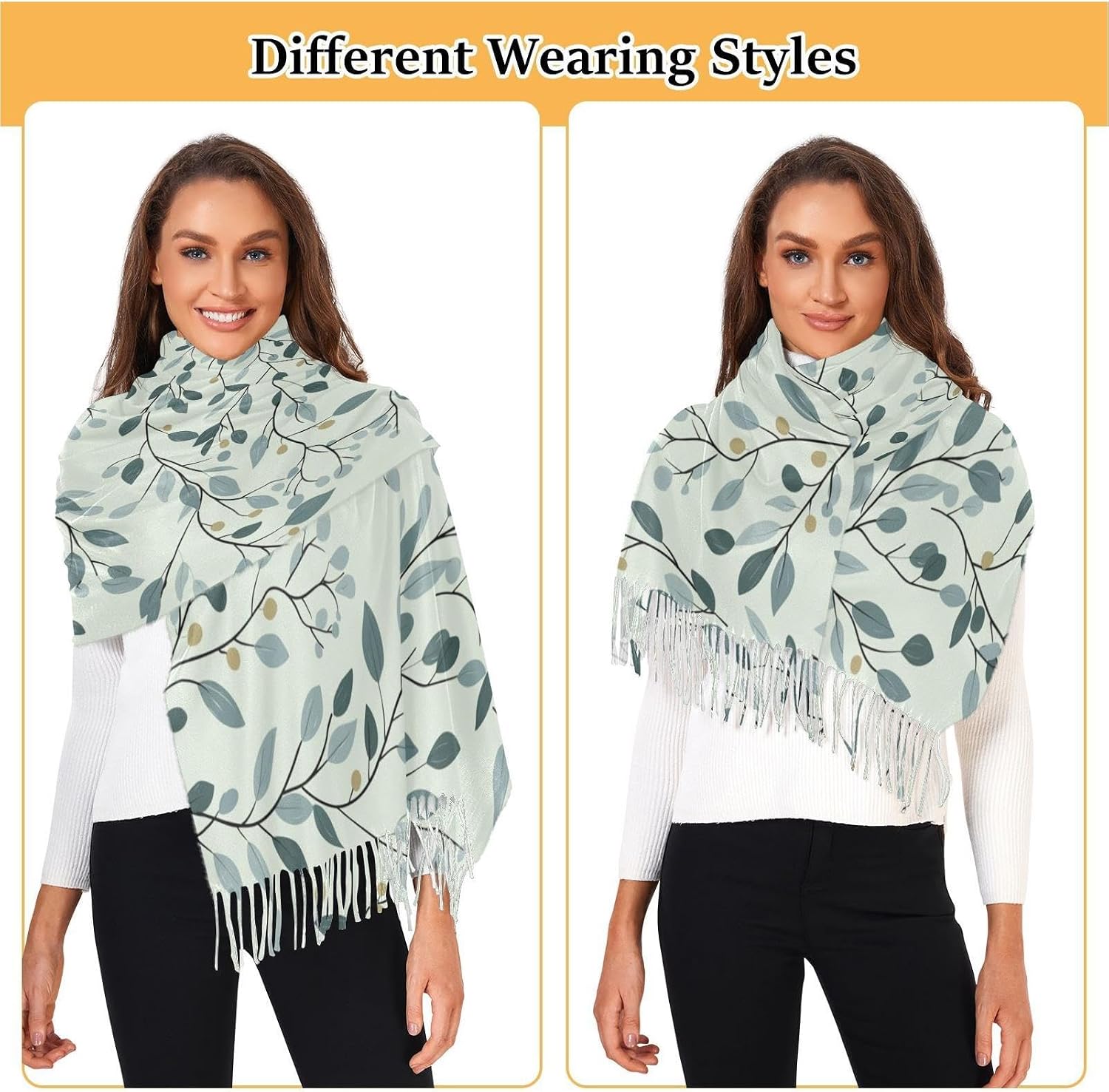 Winter Scarf for Women Green Eucalyptus Leave Fashion Tassel Shawl Wraps for Women, Cold Weather Warm Womens Scarves Soft Long Scarf Gifts