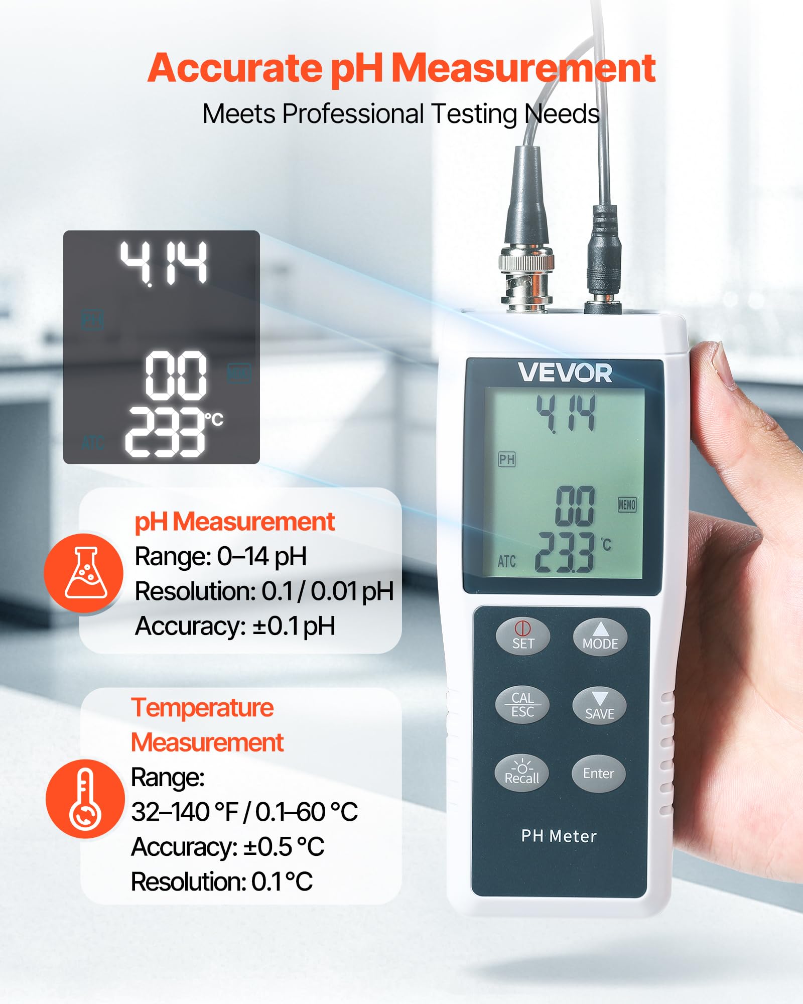 VEVOR pH-Meter, Messbereich 0–14, Wasserdichte Sonde (IP68), 3-Punkt-Automatikkalibrierung, Tragbares Tester-Set mit Kalibrierpulver, Temperatursonde & Tragetasche, für Trinkwasser & Hydrokultur