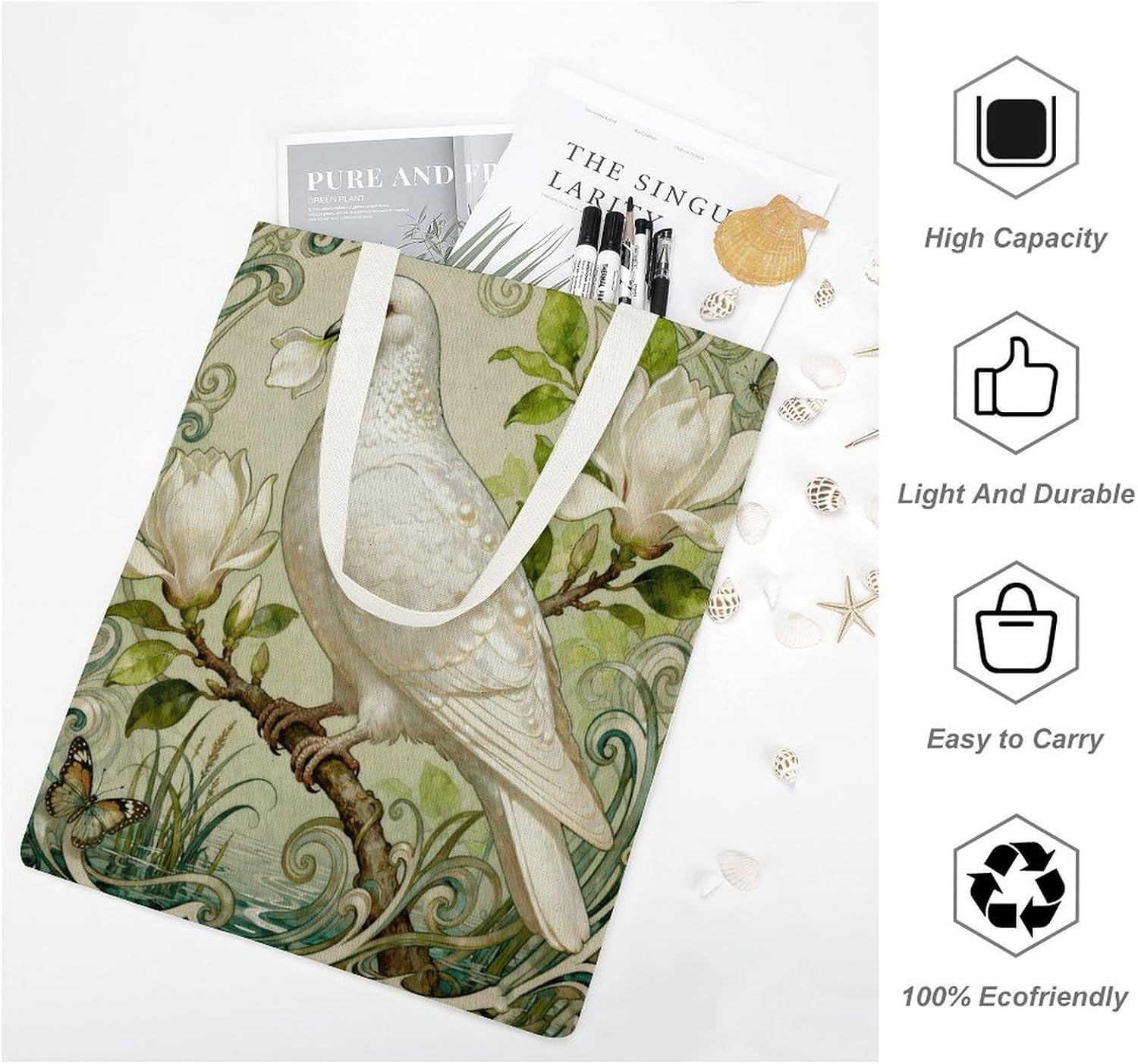 Pigeon Magnolia Bloom Canvas Tote Bag Reusable Grocery Bags Foldable Soft Cotton Shoulder Carry Bag