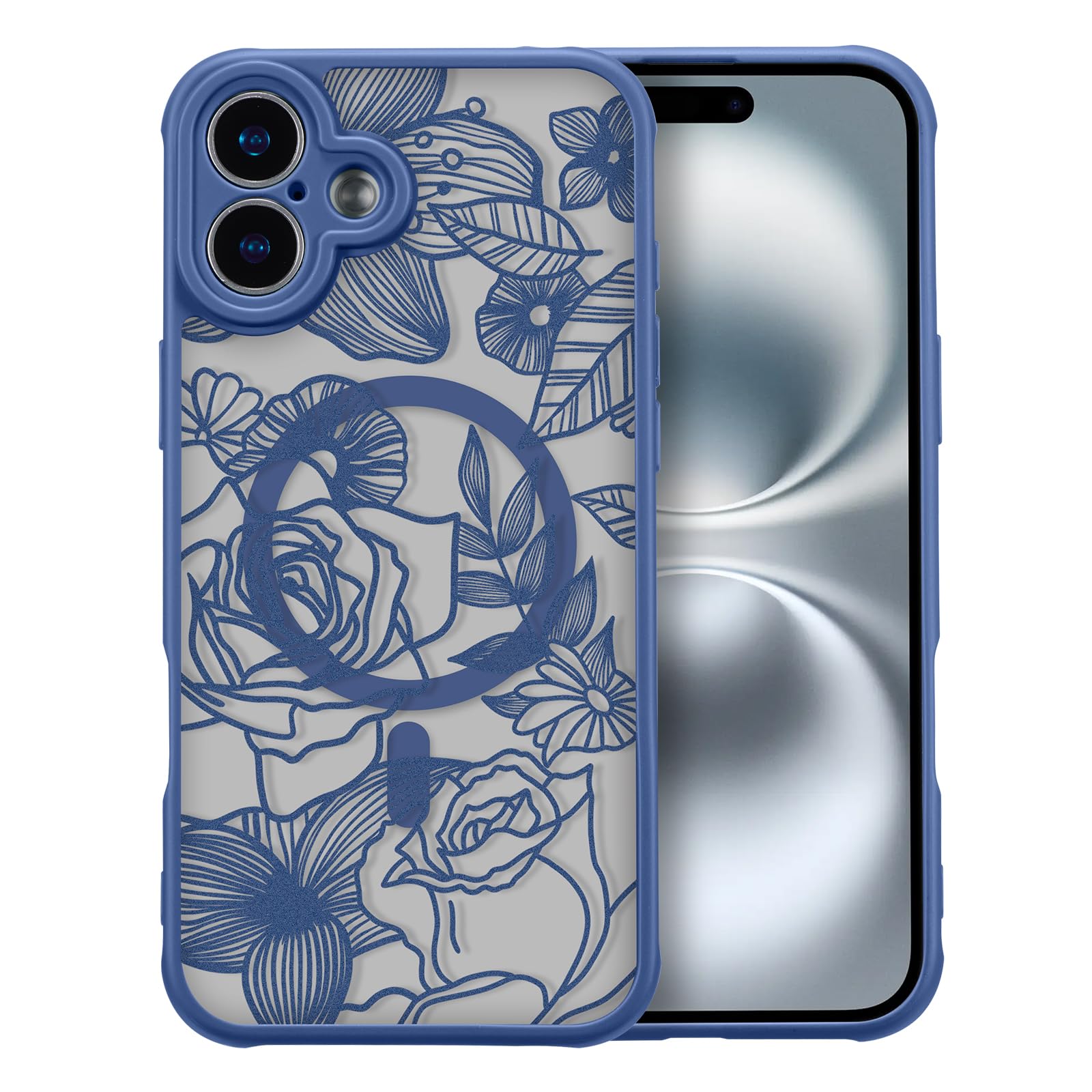 XIZYO Magnetic Case for iPhone 17 Cute Floral, Deep Blue | Compatible with Magsafe, Floral Flower Rose Girly Aesthetic Pattern for Women Girls, Matte TPU Shockproof Bumper Cover Magnet Deep Blue for iPhone 17