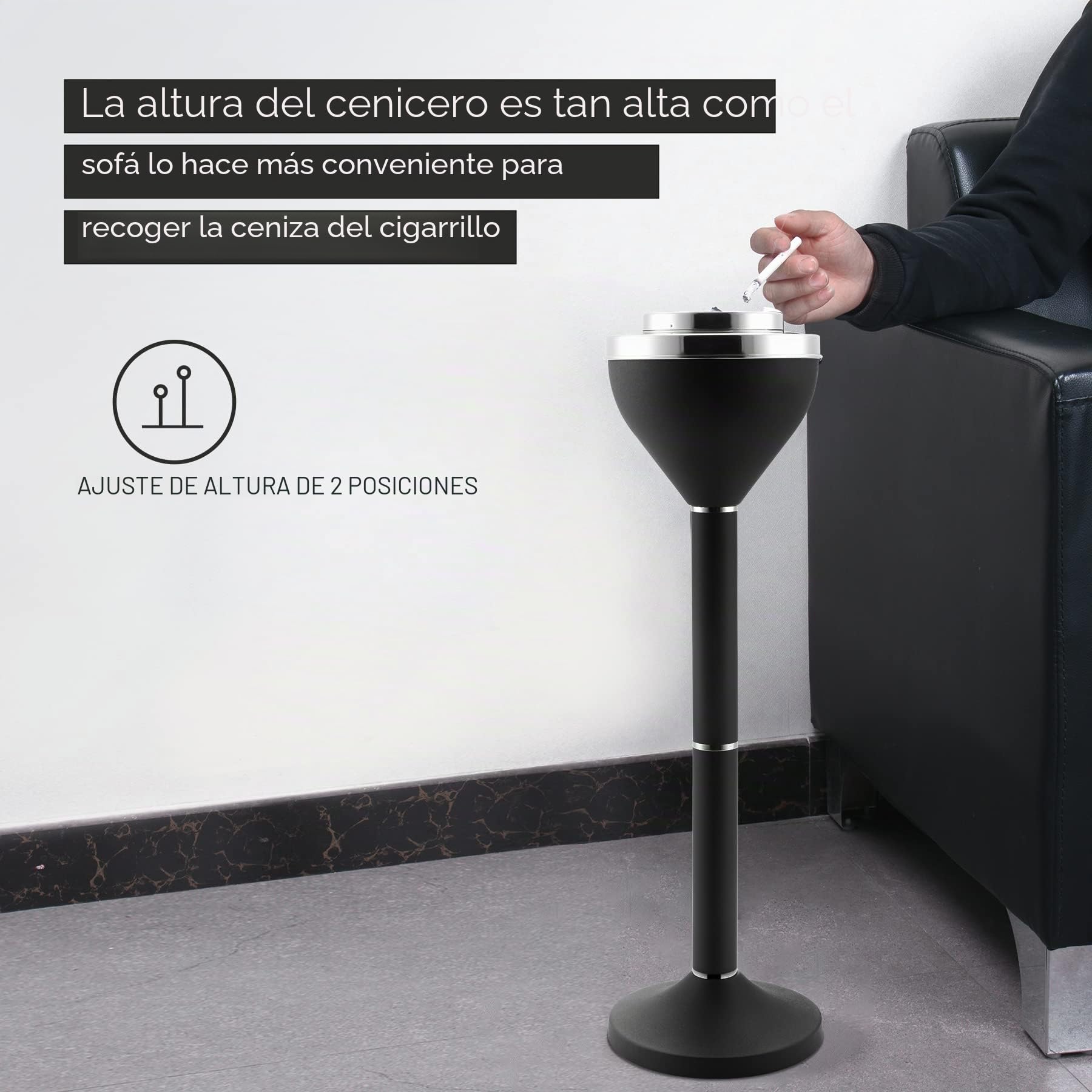 Anfrere Cenicero de pie al aire libre para patio, cenicero exterior grande y alto para eliminación de receptáculos de colillas de cigarrillos, ceniceros comerciales de metal con tapa, negro mate,