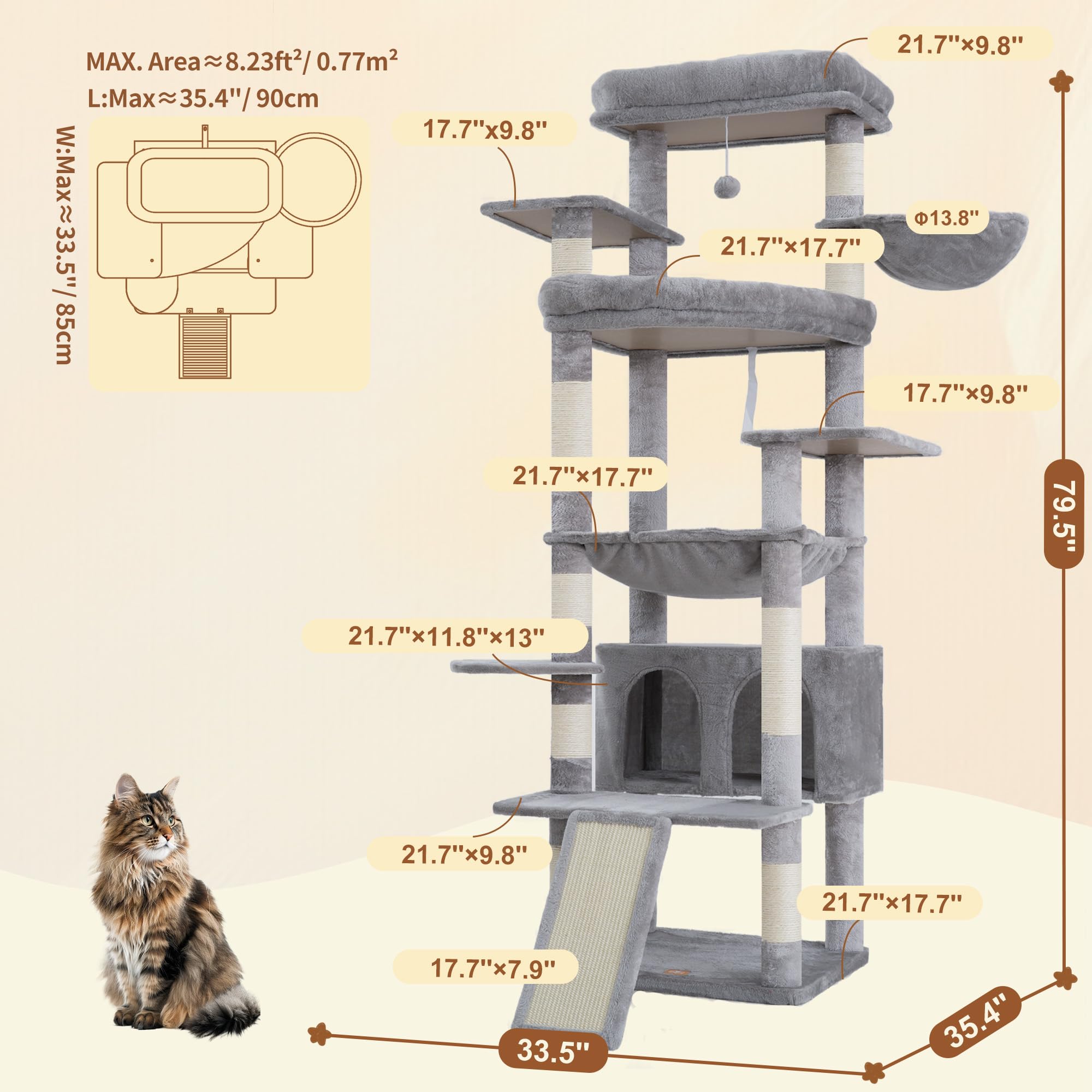 Heybly 202 cm XXL krabpaal met extra grote platforms, hut, mand en sisalpalen om te krabben, voor grote katten, multi-level lay-out, lichtgrijs HCT038W