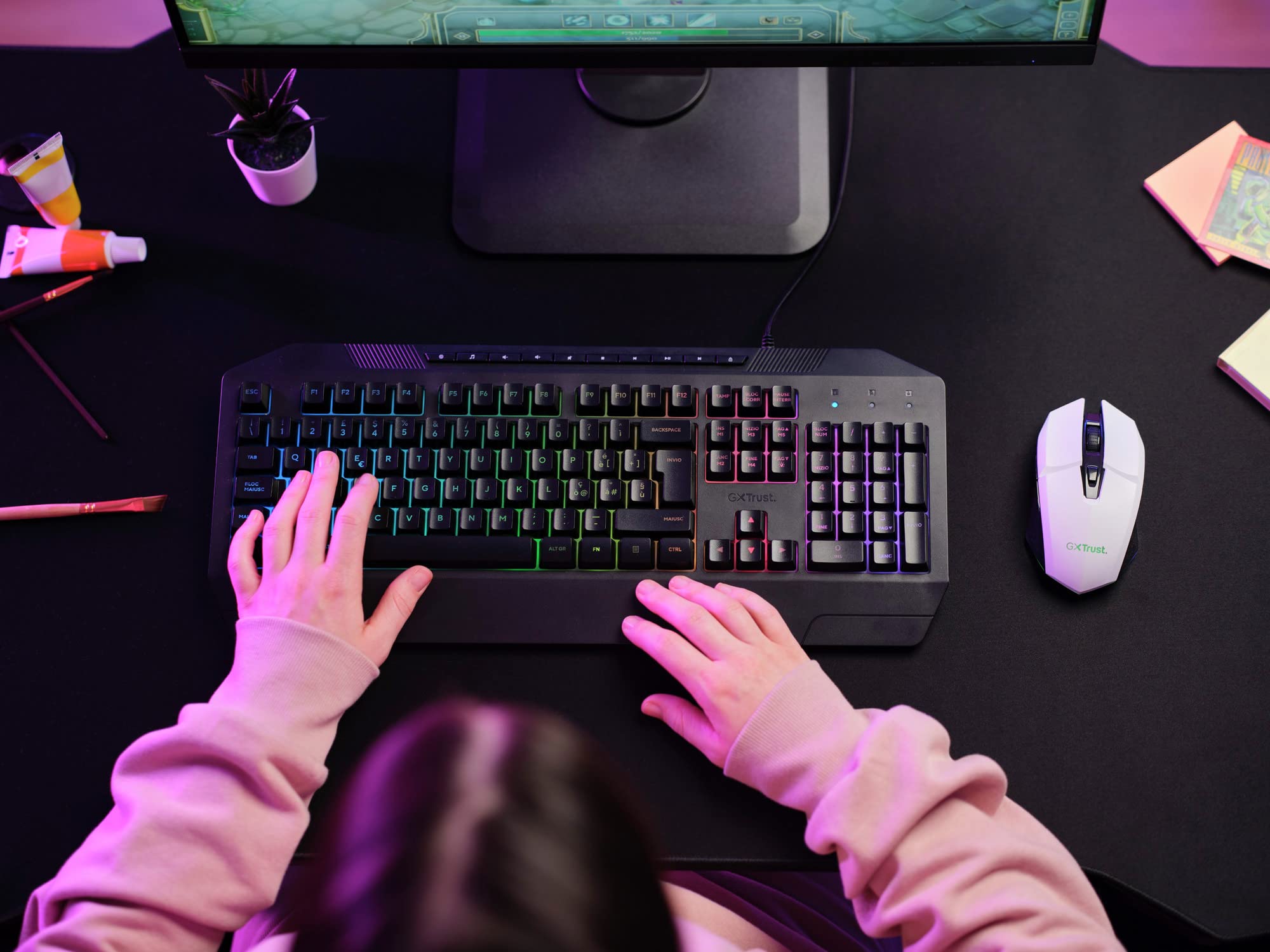 GXTrust Vylax bezprzewodowa mysz gamingowa, akumulator 80 godzin, biała | 800-4800 DPI, podświetlenie LED, 6 przycisków, odbiornik USB, myszka do gier PC komputer laptop Windows