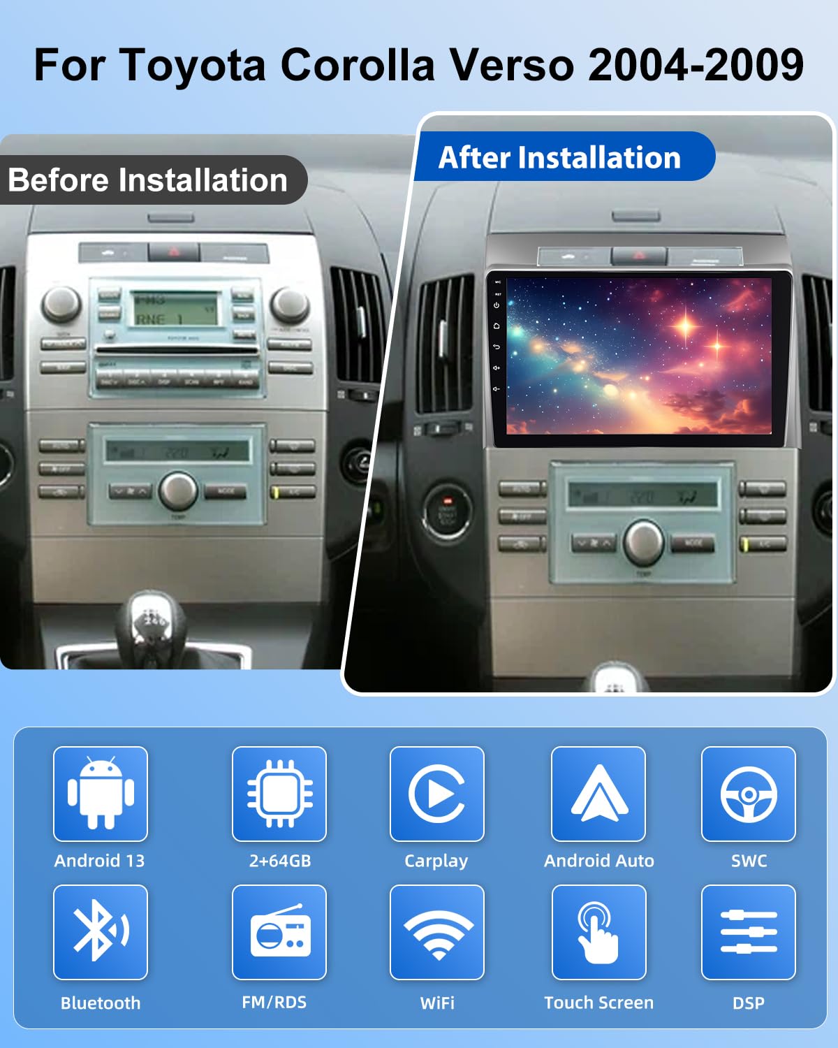 NHOPEEW 2+64G Radio Android 9 Pouces pour Toyota Corolla Verso 2004-2009 - Wireless CarPlay & Android Auto, Navigation GPS, Contrôle du Volant, FM RDS + Caméra de Recul