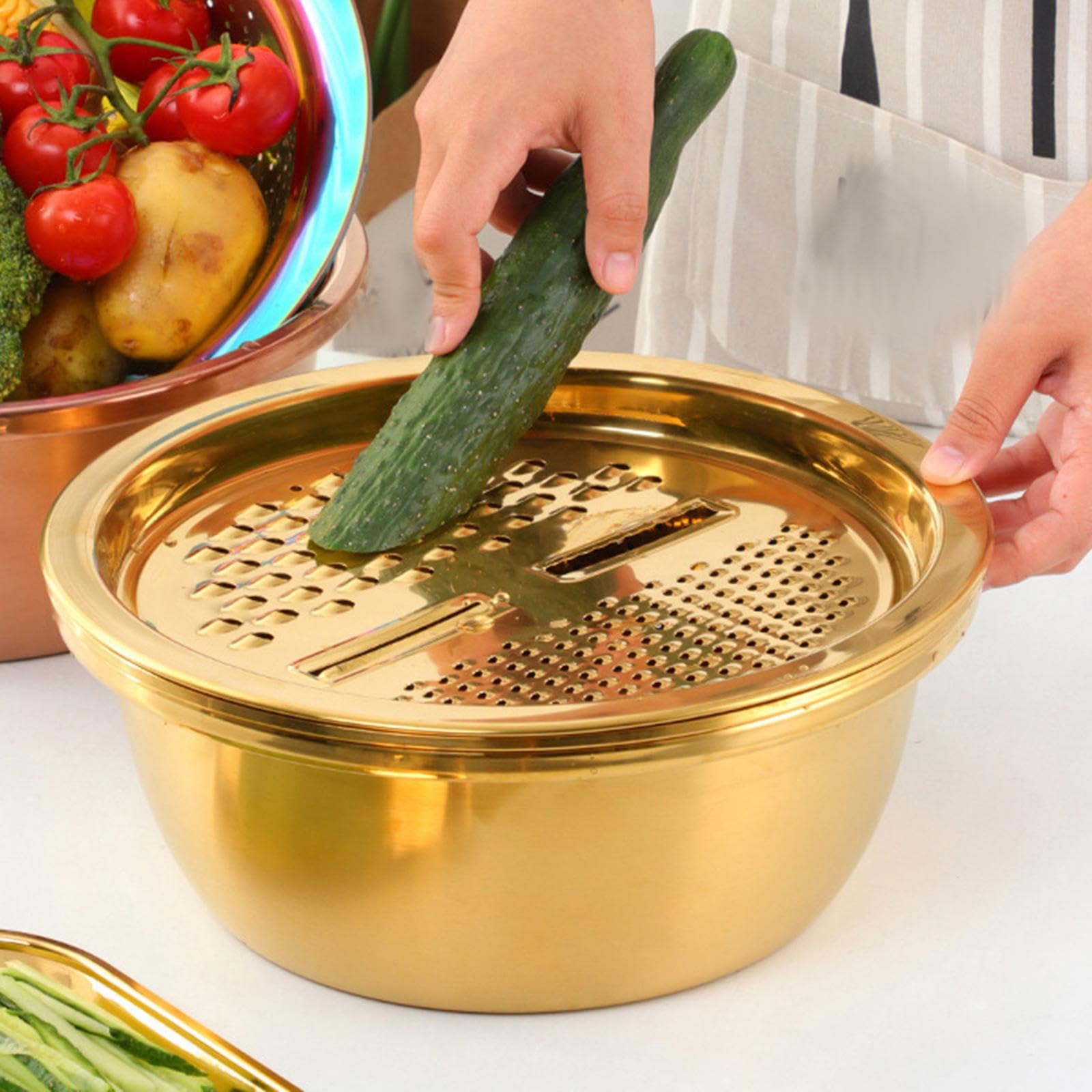 Cesta Escurridor Rallador Vegetal Acero Inoxidable Multifunción para Preparar Ensaladas Lavar Alimentos Apto Cocina Familiar Uso Diario, Oro, Individual