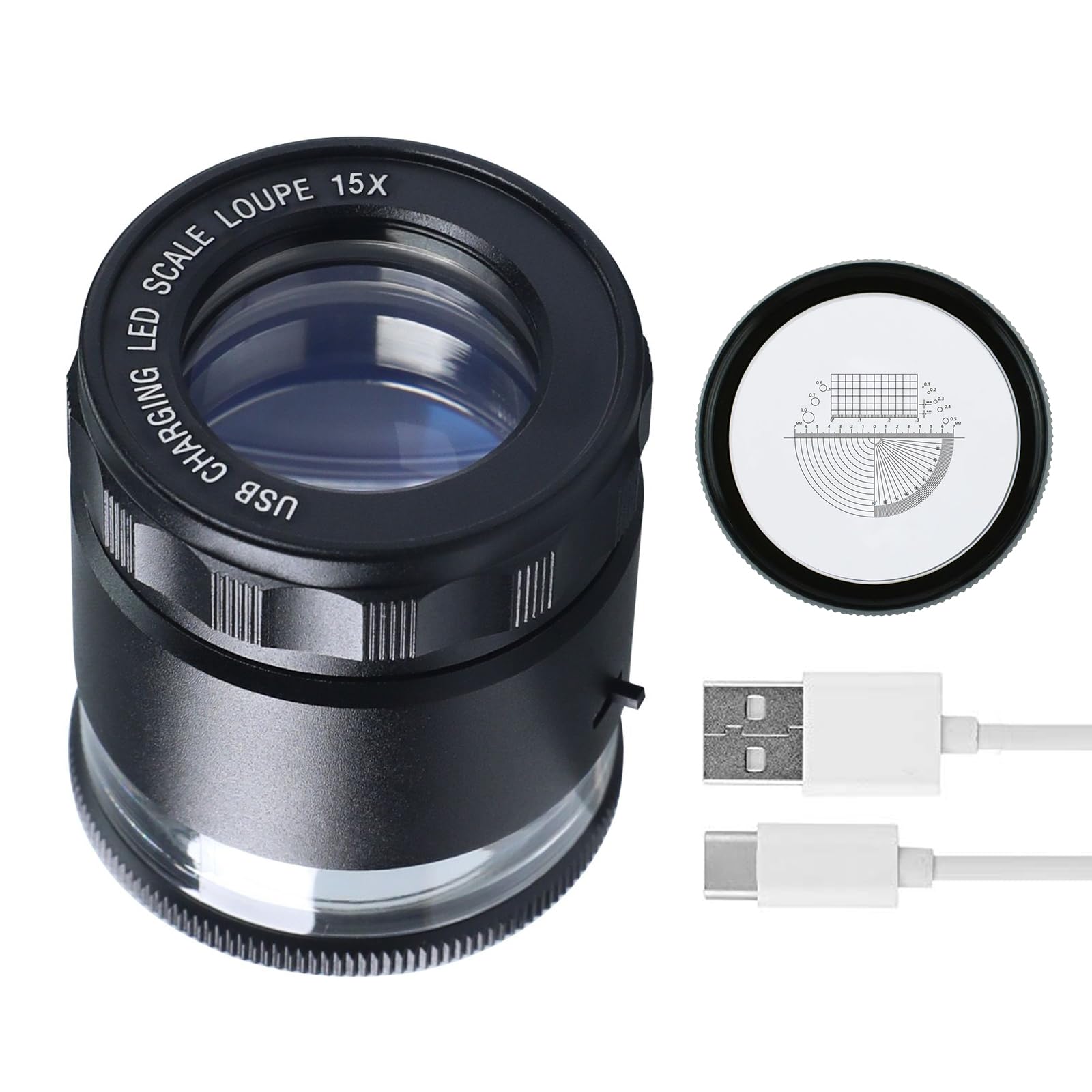 Lupa de joyería de 15 aumentos con luz LED, lupa de metal recargable por USB con escala de retícula desmontable, área de visión de 25 mm, lupa de ojo de enfoque ajustable para joyas, gemas, monedas y