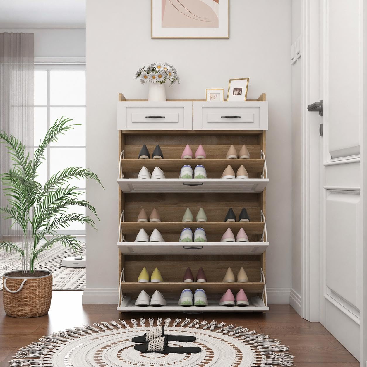 Merax Shoe Storage Cabinet, Slim Shoe Rack, 3 Flip Doors 2 Drawers, White