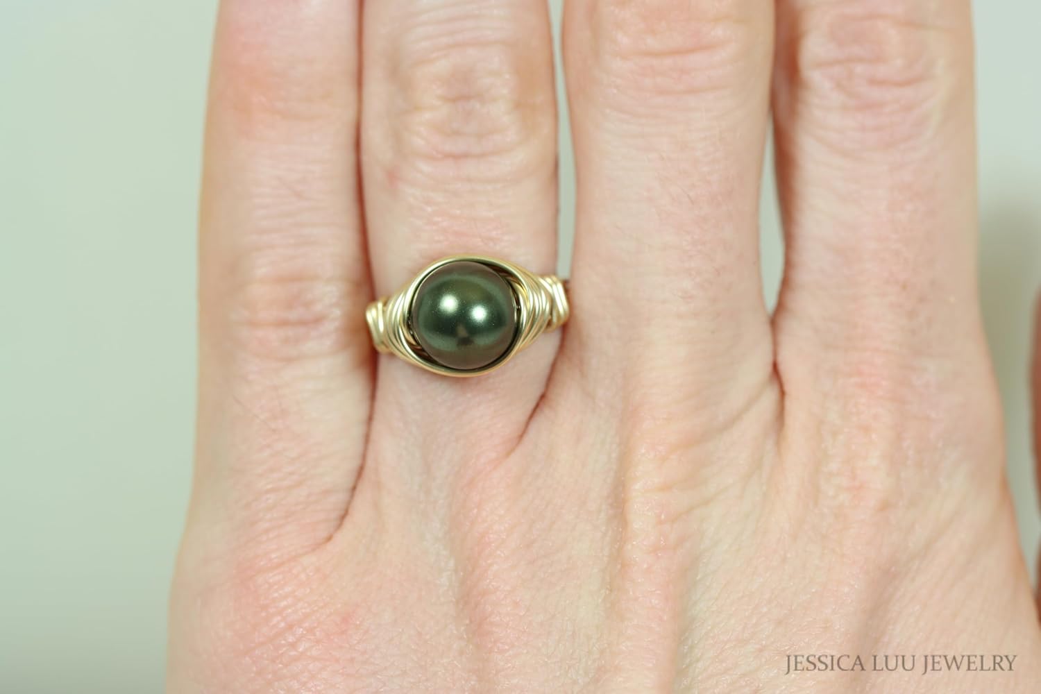 JESSICA LUU JEWELRY Handmade Pearl Ring, 10mm Dark Olive Green, 14K Gold Filled Wire Wrapped, Custom Size