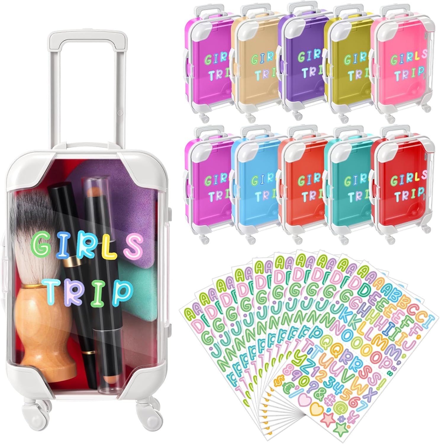 Soulchen 160 Pcs DIY Mini Suitcase Party Favor 10 Mini Luggage Party Favor Gift Box with 150 DIY Stickers Plastic Trip Gift for Girls Weekend for Candy Makeup Jewelry Birthday Wedding Bachelorette