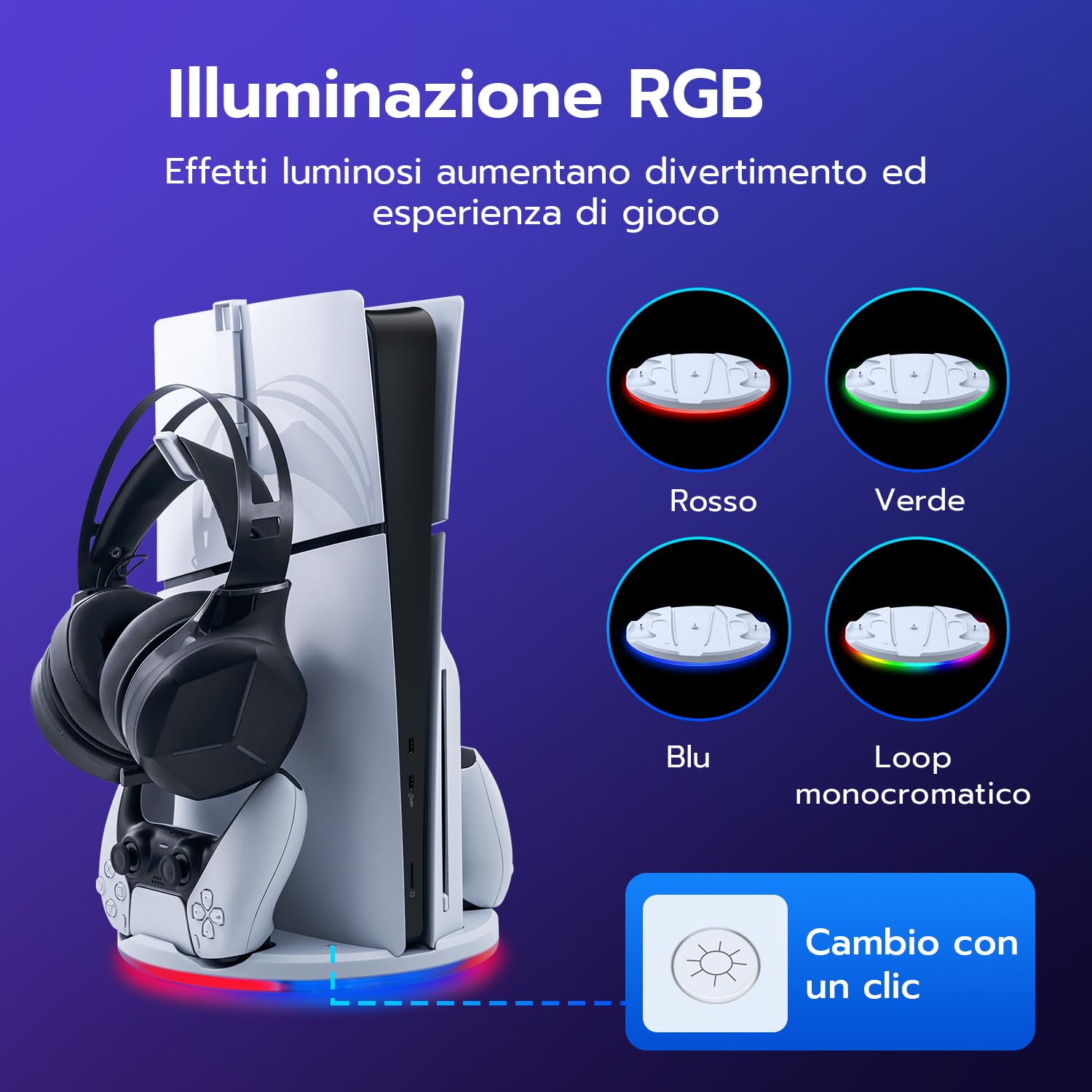 Wigearss Supporto Verticale PS5 Slim con Doppio Caricatore Controller, Base di Ricarica Joystick PS5 con Illuminazione RGB per PS5 Slim DE/UHD, Non per PS5/PS5 Pro