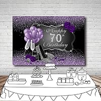 Vista 5 de Fondo fotográfico negro y morado con tacones altos plateados, globos de rosa morada para fiesta de cumpleaños número 70, telón de fondo