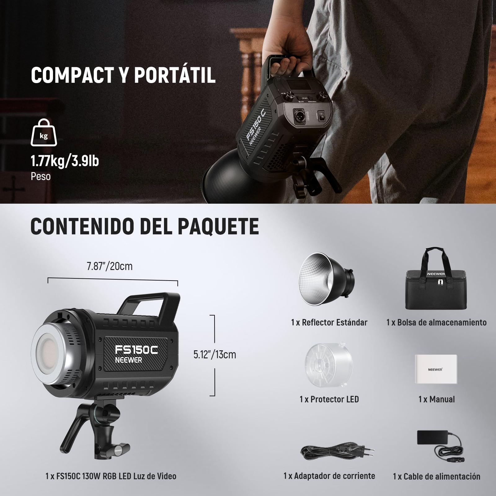 NEEWER 130W RGB LED Vídeo Luz App/2,4G Control 17 Efectos, 2500-7500K 19800lux/1m COB Iluminación Continua con CRI97/TLCI98 4 Curvas de Atenuación, Foco de Bowens Mount en Estudio Fotografía, FS150C